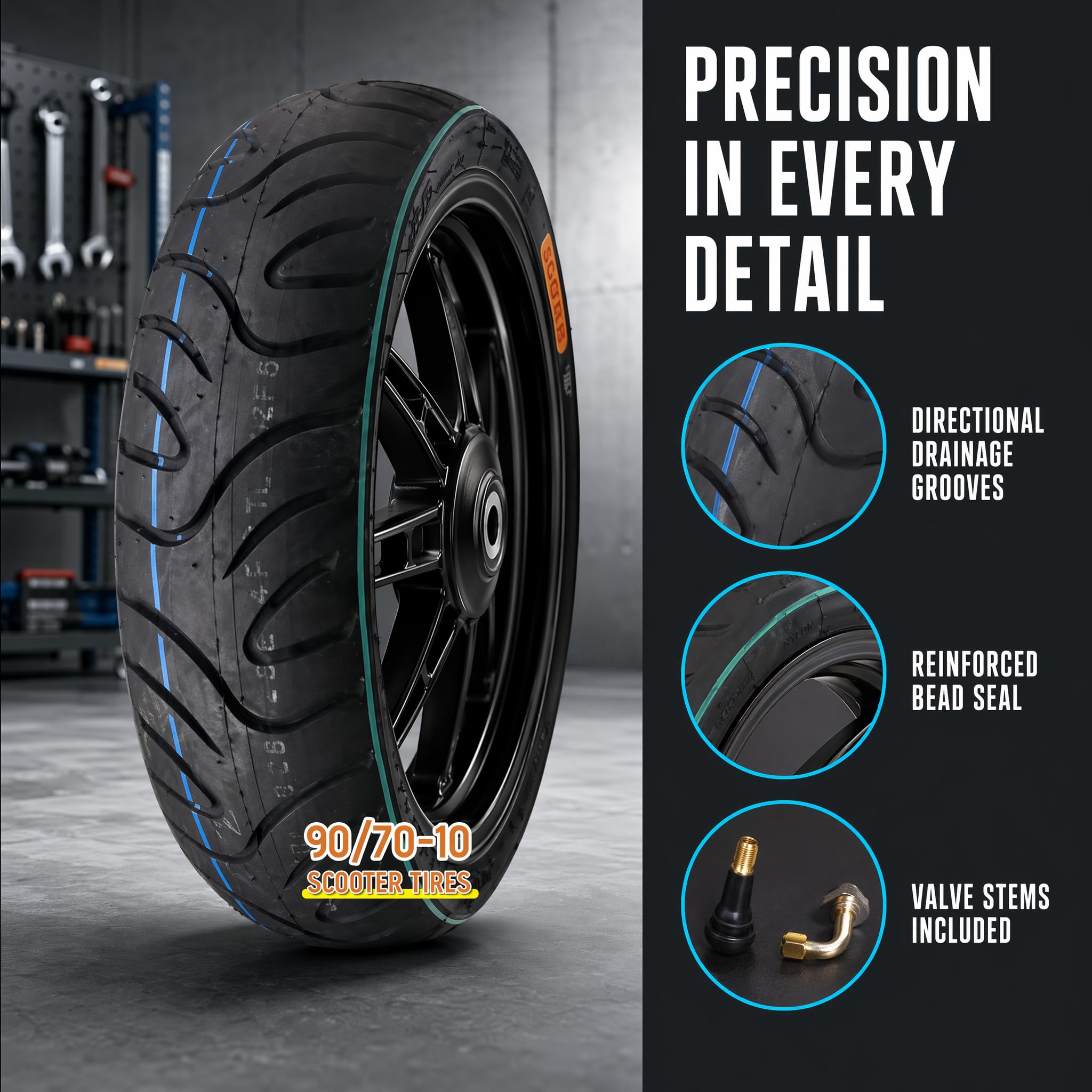 90/70-10 Neumático Sin Cámara para Scooter, 90 70 10 Neumáticos Neumáticos 4PR 225kPa 33J para Rueda Delantera o Trasera de Scooter Eléctrico
