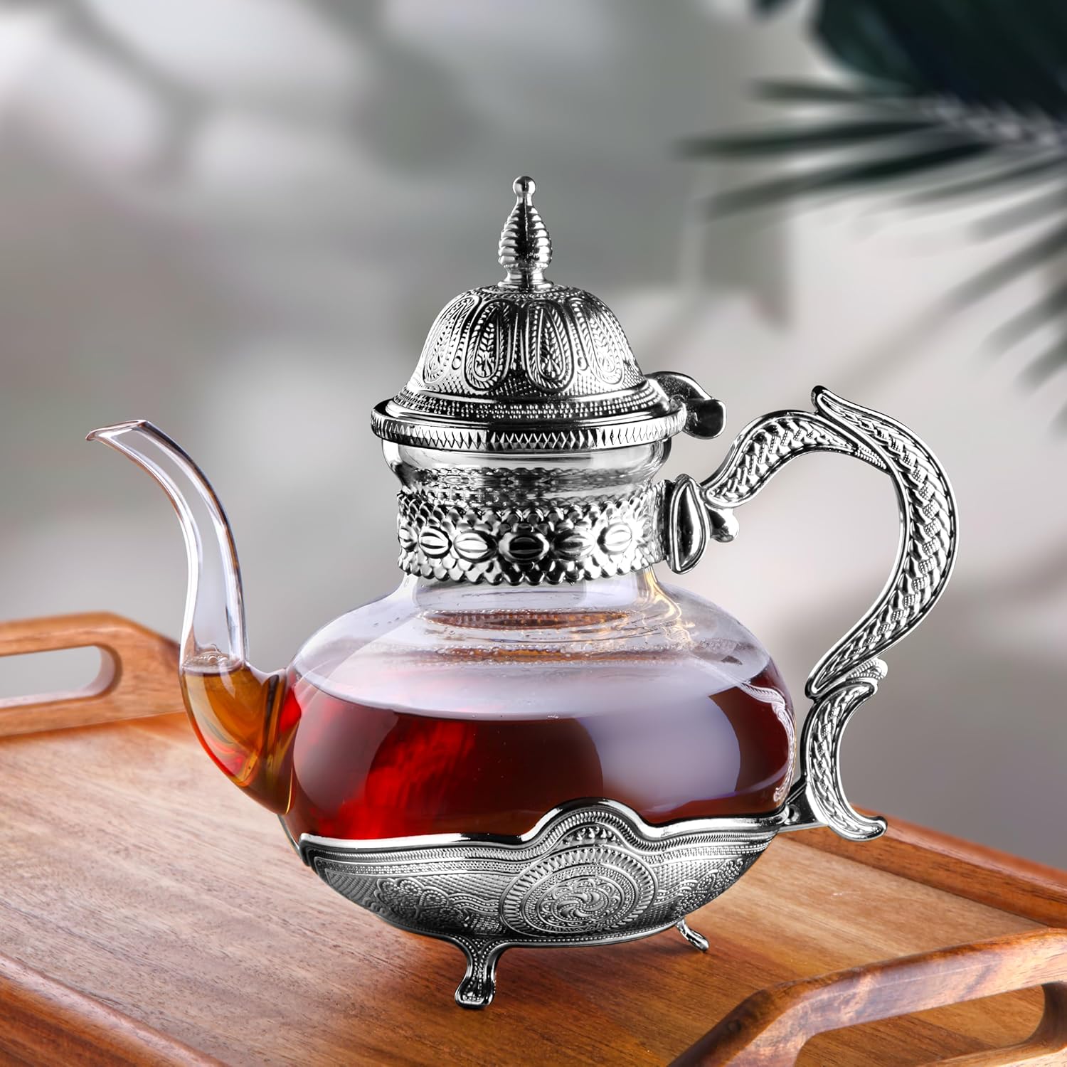 Alisveristime Glass & Zamac Teapot – Elegant Ottoman-Style Tea & Coffee Kettle for Serving and Decoration (28.74 fl oz / 850 ml) (Silver)