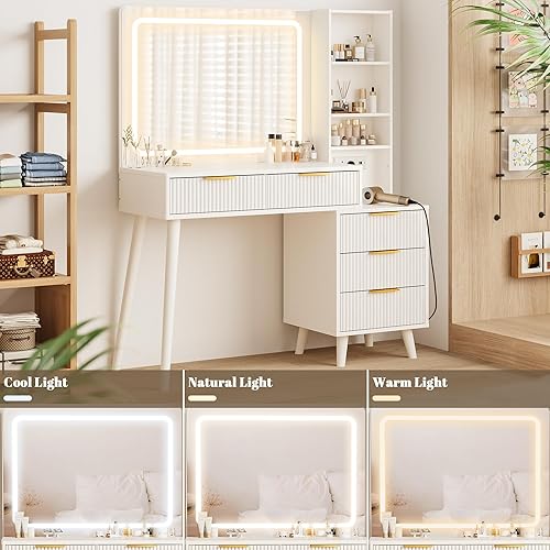 Miniatura 3 de Escritorio de tocador de 44 pulgadas con espejo y luces, escritorio de maquillaje con toma de corriente, escritorio de maquillaje con 5 cajones y