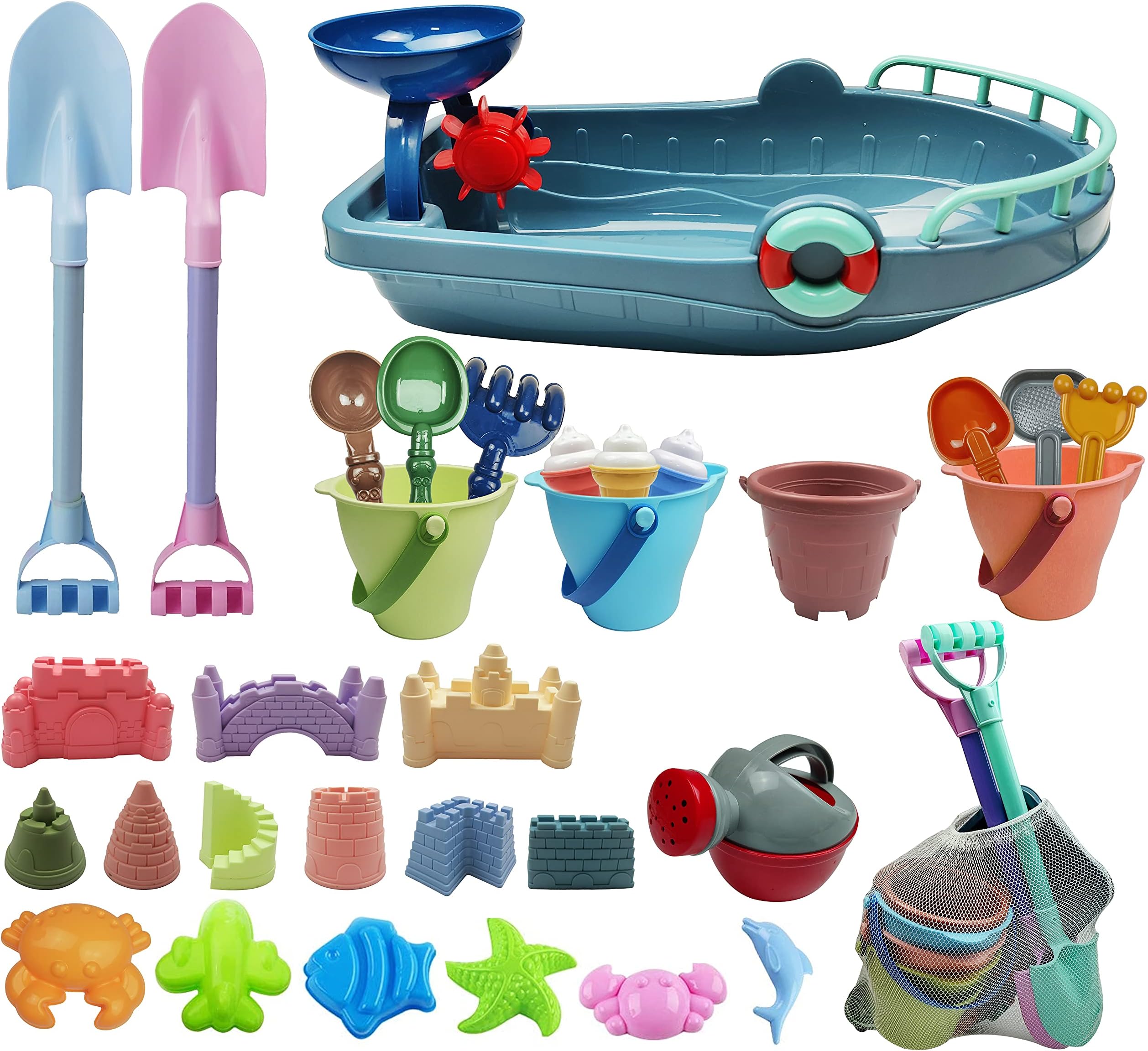 IOKUKI Long Shovels Sand Toys Tool with Mesh Bag Including Bath Boat, Castle Building Kit, Buckets, Rakes, Molds For Outdoor, Beach for Kids, Toddlers, Boys and Girls (33 PCS)