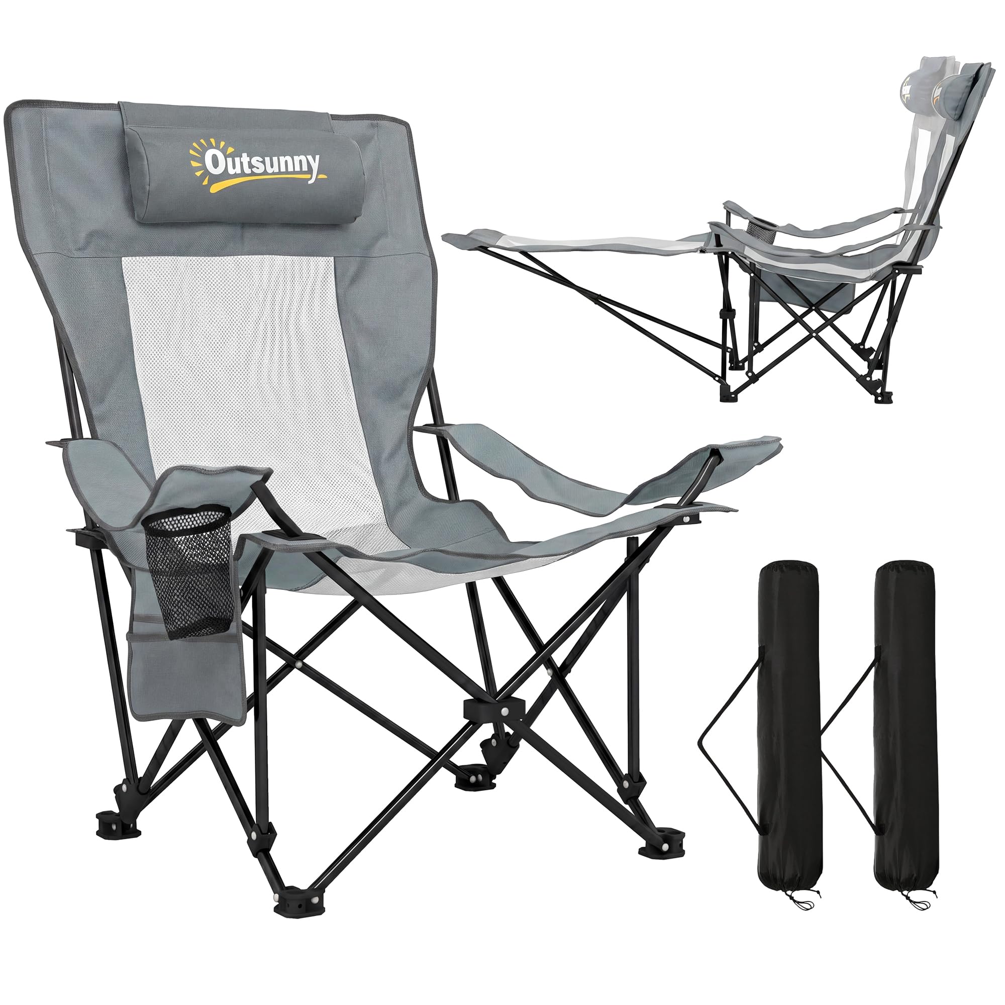Outsunny Set of 2 Reclining Folding Camping Chair, Portable Camp Chair with Adjustable Backrest, Footrest, Storage Pocket, Cup Holder and Headrest, for Camping, Beach, Picnic, Grey โ image 1