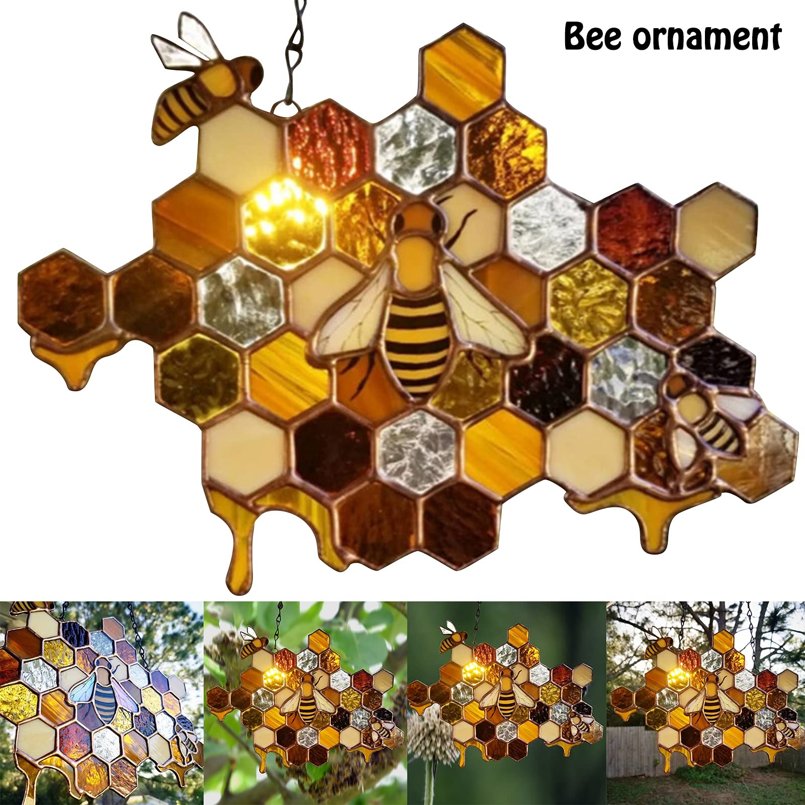 Attrape-soleil Fenêtre En Forme D'abeille - Décoration Vitrail Colorée, Pendentif Mural 15x15 Cm