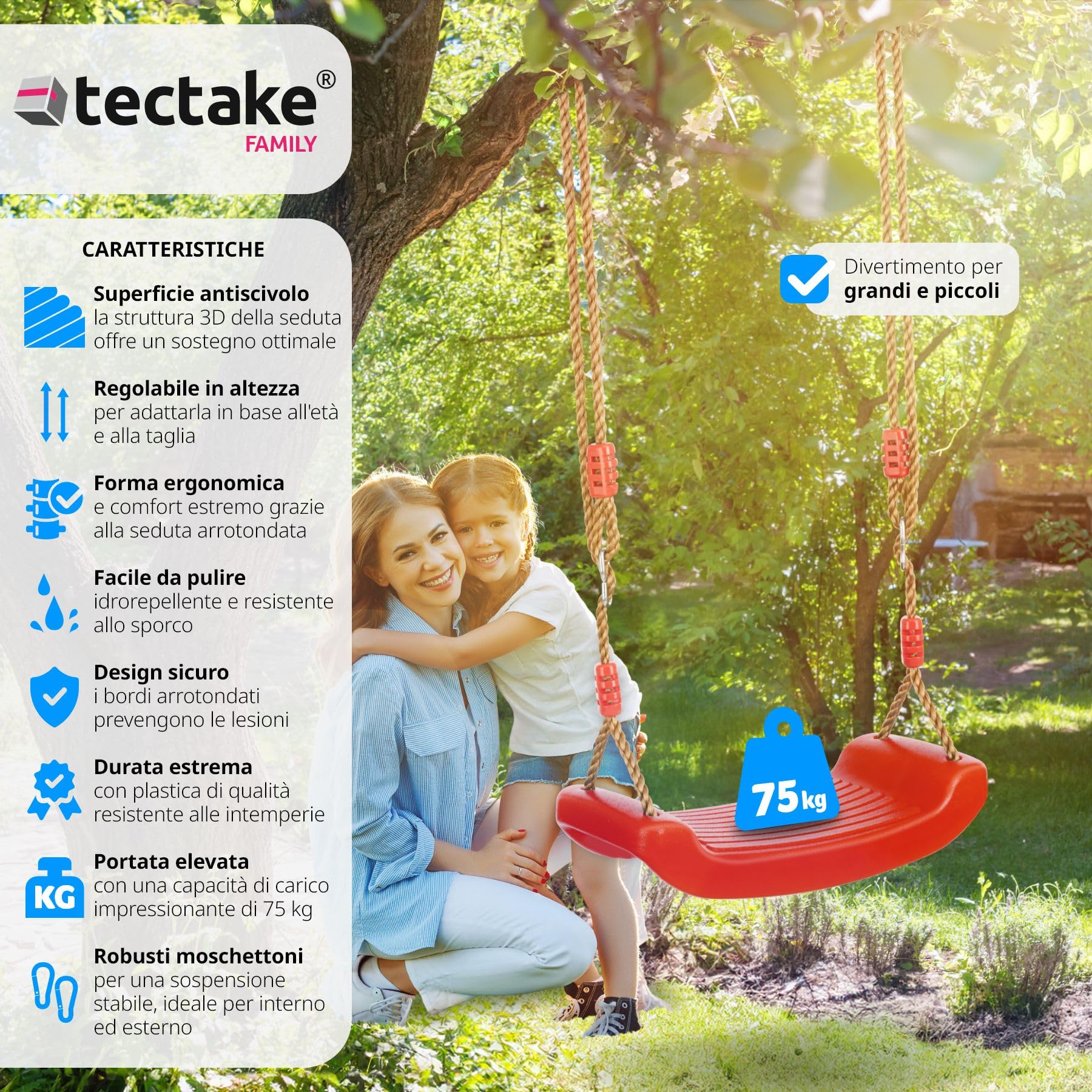 tectake® Altalena da Giardino per Bambini, Altalena da Giardino per Adulti, Ergonomica, Antiscivolo, Altalena a Dondolo da Esterno Regolabile in Altezza, Resistente alle Intemperie - Rosso