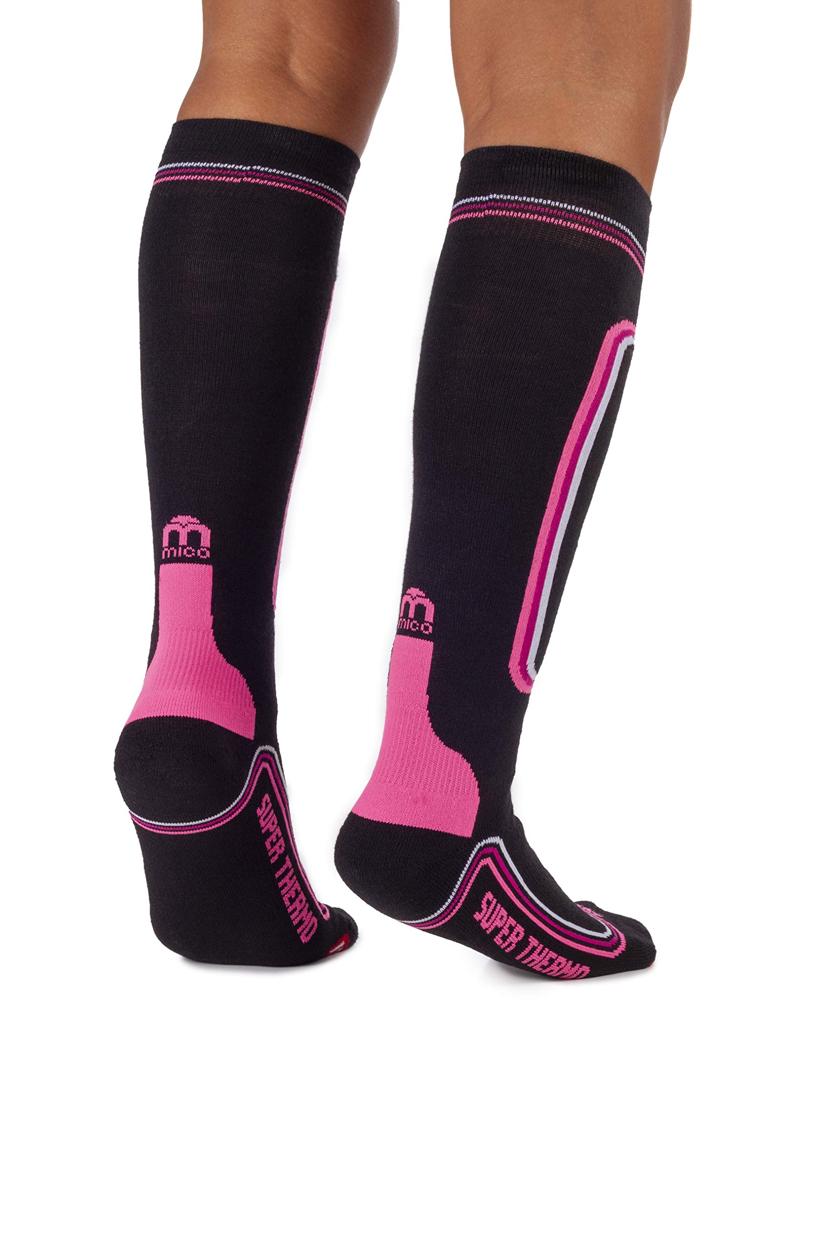 MICO CALCETINES DE ESQUI' SUPERTHERMO PRIMALOFT en Tejido de Polipropileno Micotex + Fibra LYCRA, 100% Made in Italy, Pesado y con Poder Aislante, para Mujeres Deportes, en Color Negro Pùrpura Fluo
