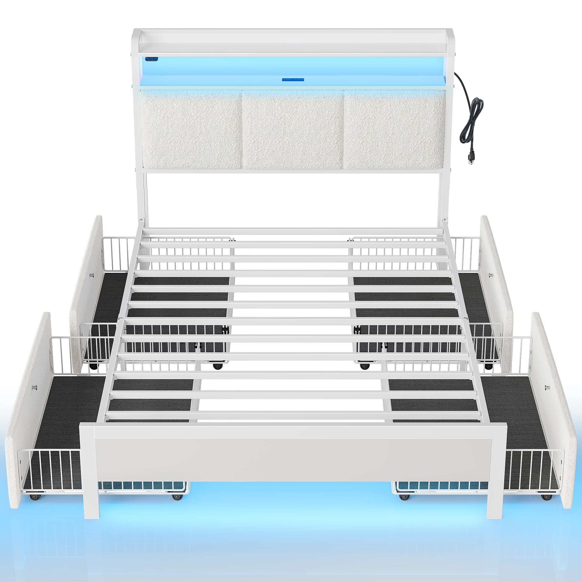 Rolanstar Bed Frame Twin Size with Charging Station and LED Lights, Upholstered Storage Headboard with Drawers, Heavy Duty Metal Slats, No Box Spring