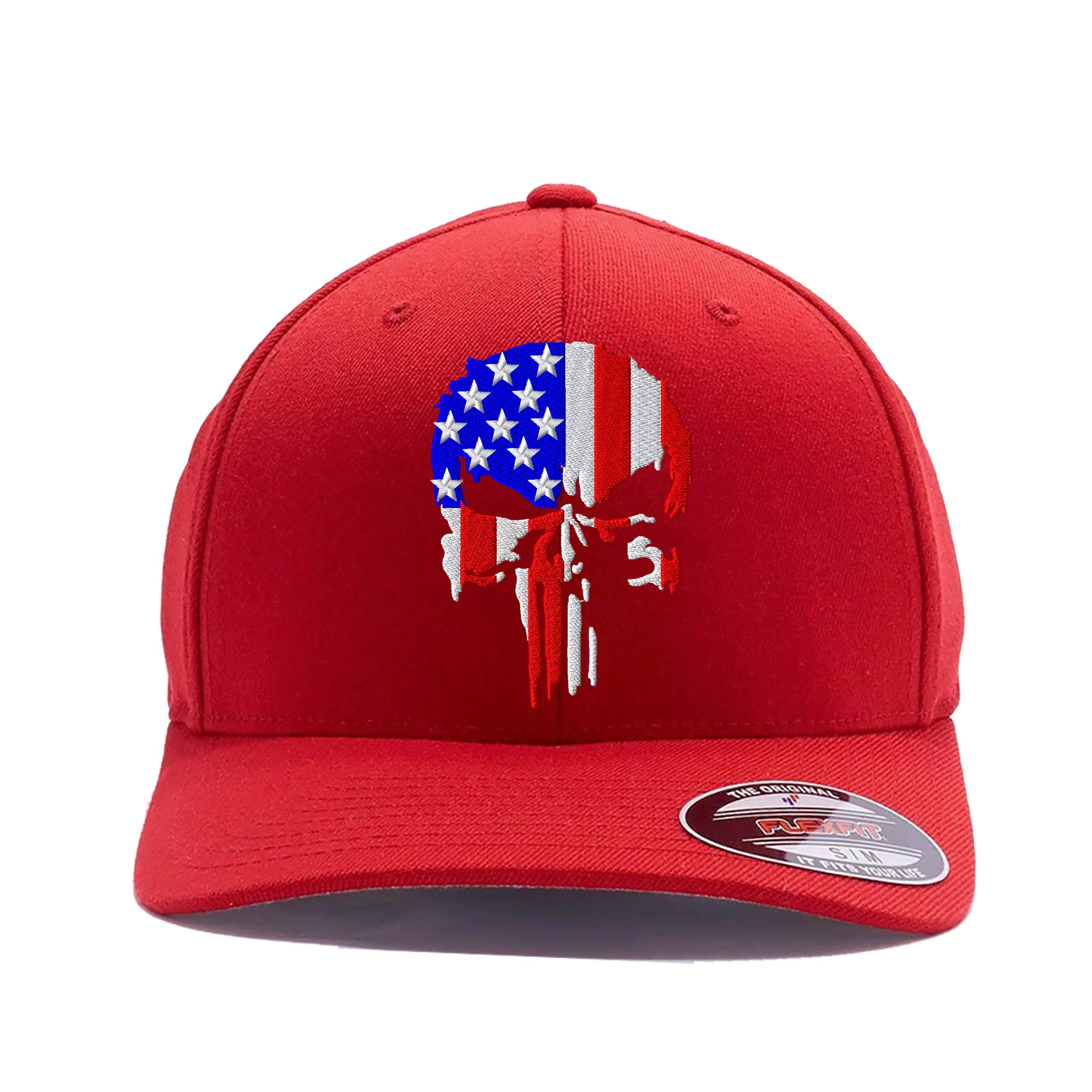 G&BRed Thin Red/Blue Line Spartan Helmet & Distressed Skull Flex Baseball Cap. Embroidered. 6277/6477 Flex Baseball Hat