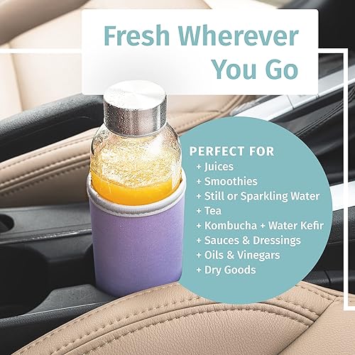 Miniatura 3 de Paquete de 6 botellas de agua de vidrio de lujo de 18 onzas – incluye 6 mangas. Tapas de acero inoxidable - kombucha, zumo, té