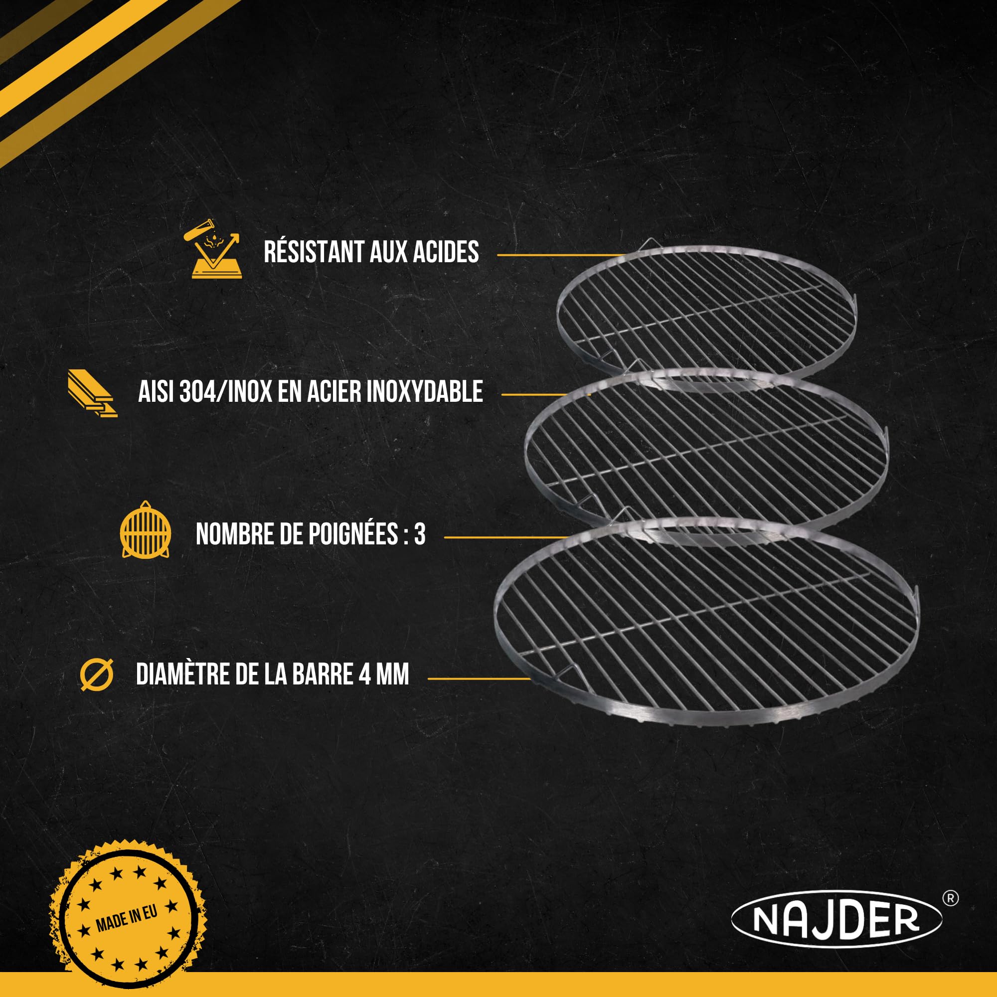 NAJDER Grille de Cuisson en Acier Inoxydable Ronde Ø800 mm pour Barbecue Pivotant avec Suspension par Câble, Grille de Cuisson Ronde avec 3 Trous de Suspension, BBQ Grillade - Solo