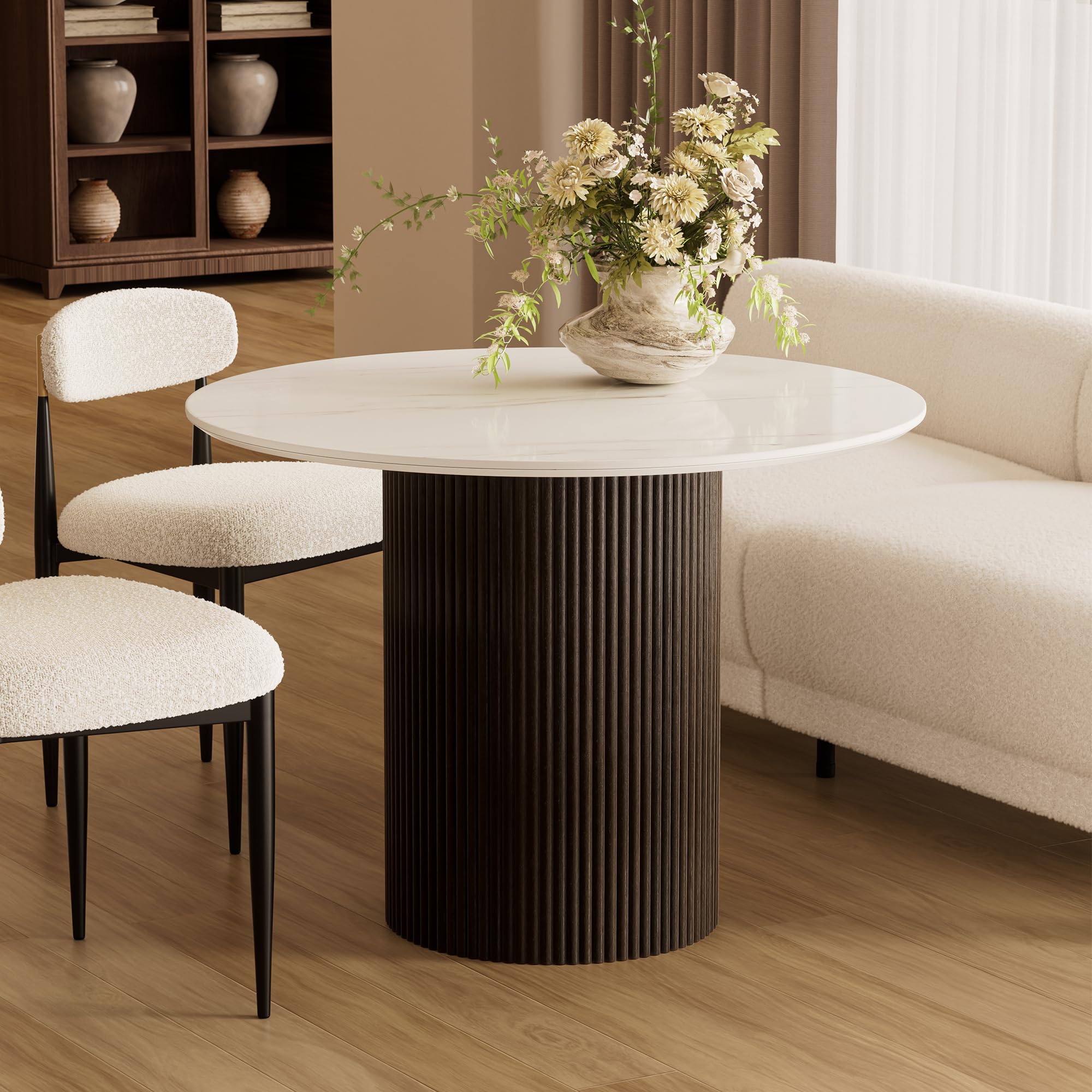 Morden Fort marble round dining table with fluted solid wood base