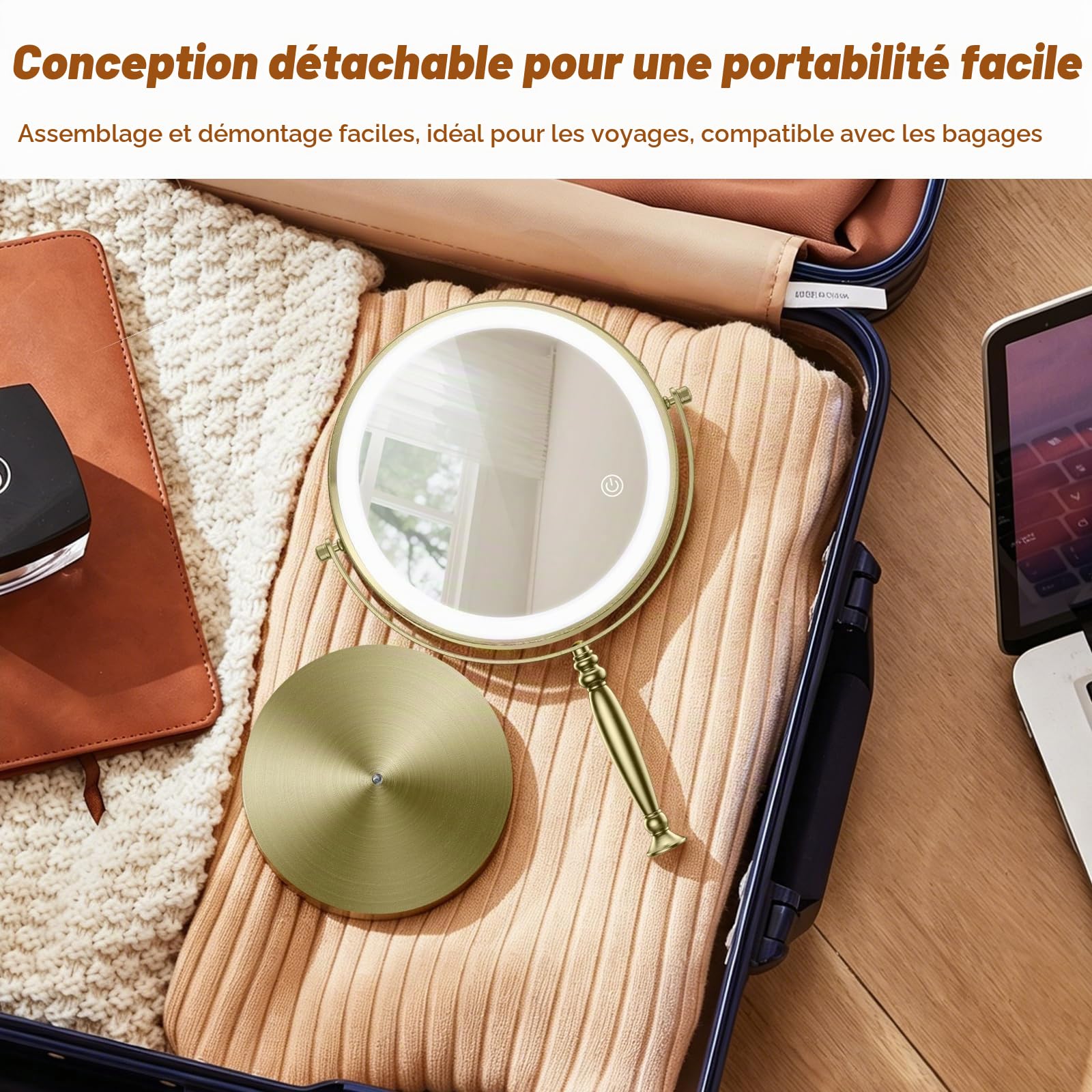Matekxy Miroir de maquillage lumineux 20,3 cm avec grossissement – Miroir de bureau x1/10 LED rechargeables 3 couleurs laiton doré