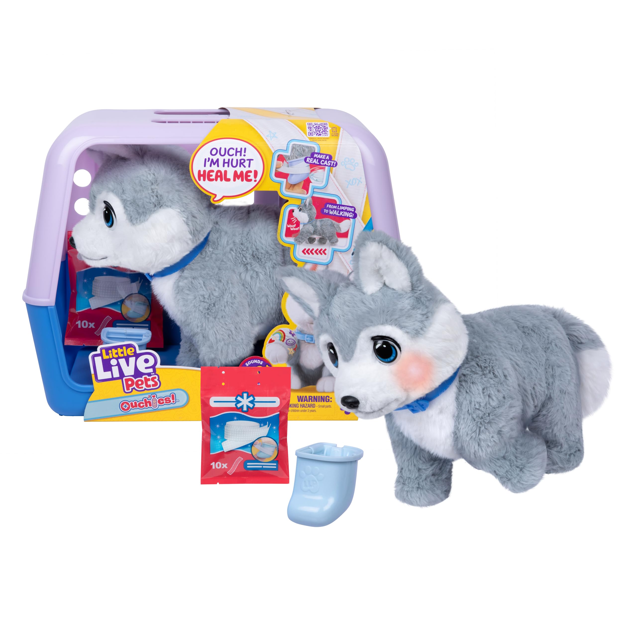 Little Live Pets Ouchies Aspen - Exclusive Interactive Husky Puppy with 50+ Sounds & Reactions, Includes Vet Kit & Carry Bag, Ages 4+