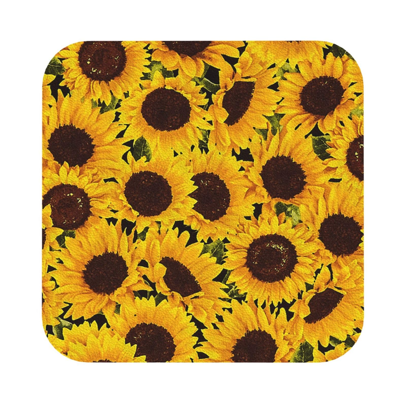 Yellow Sunflowers PU Leather Coasters Set of 6 Square Drink Coasters