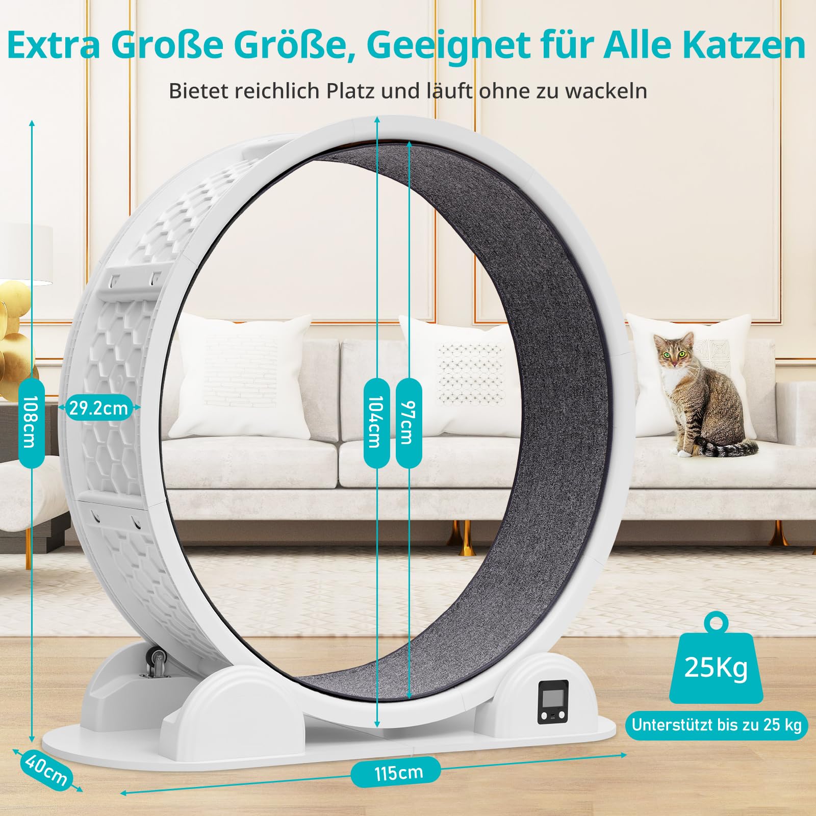 Katzenlaufrad aus ABS bis 25 kg, leise mit Solar-Laufstreckenzähler | Schraubenlose Klick-Montage, abnehmbare Plüsch-Lauffläche, 97 cm Innendurchmesser für große Katzen