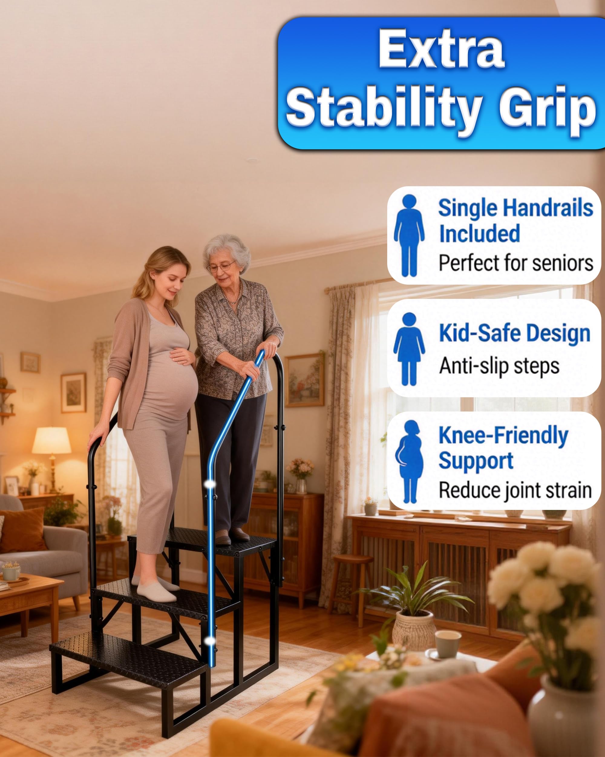 3 Stufen Trittstufe mit Handlauf, RV Trittleiter|Poolleitern|Leiter im Freien Haustiertreppe, Standtreppe Hocker Kinder aus Stahl Max 300 kg, Haushaltsleiter für Mobile Home (3 Stufen 2-Handlauf)