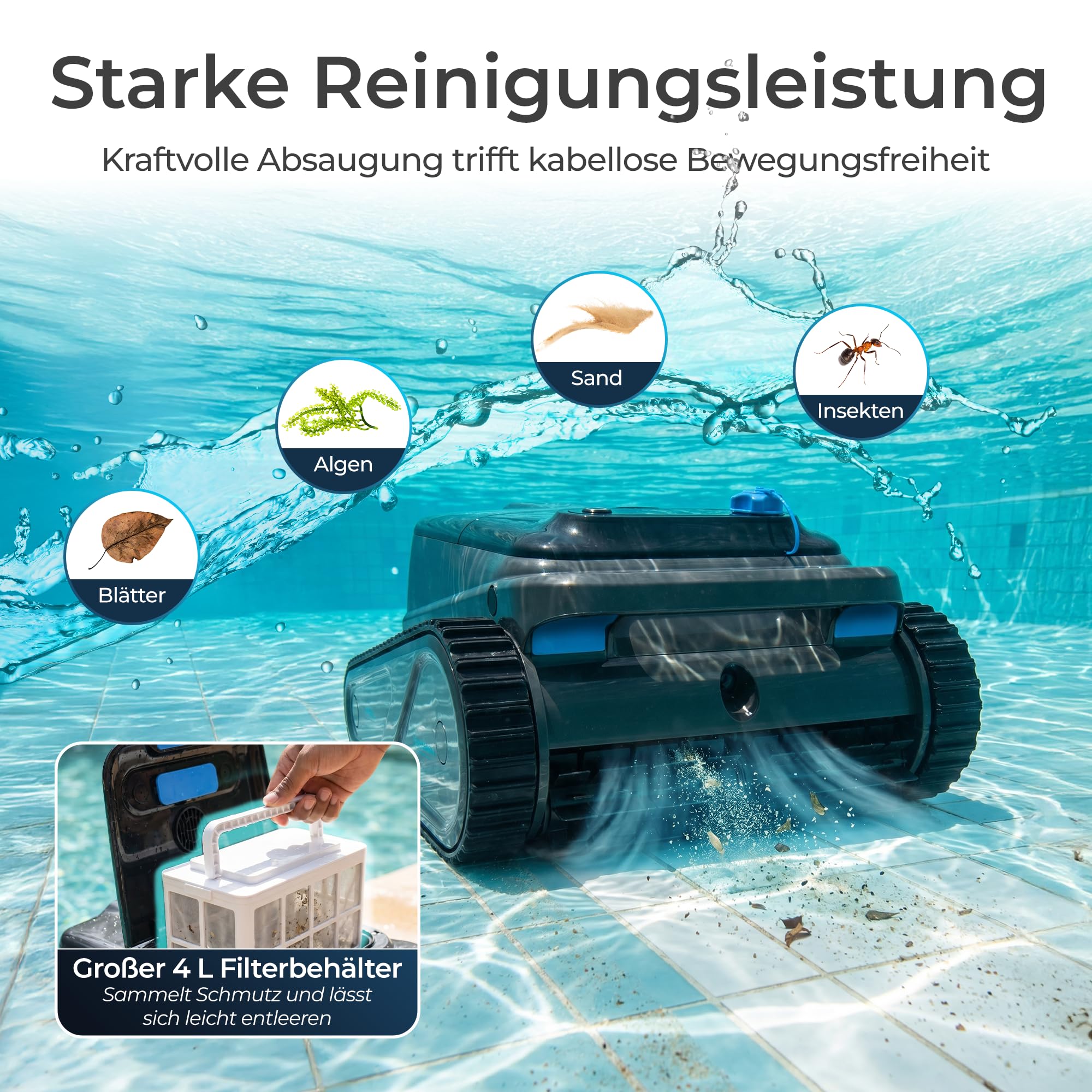 KLAMER Poolroboter Akku Kabellos, Wand & Boden, 150 Min, 200 m² | Bluetooth App-Steuerung, 4 Reinigungsmodi, Waschbarer Filterkorb, Display mit Akkuanzeige, bis 200 m², 150 Min Laufzeit