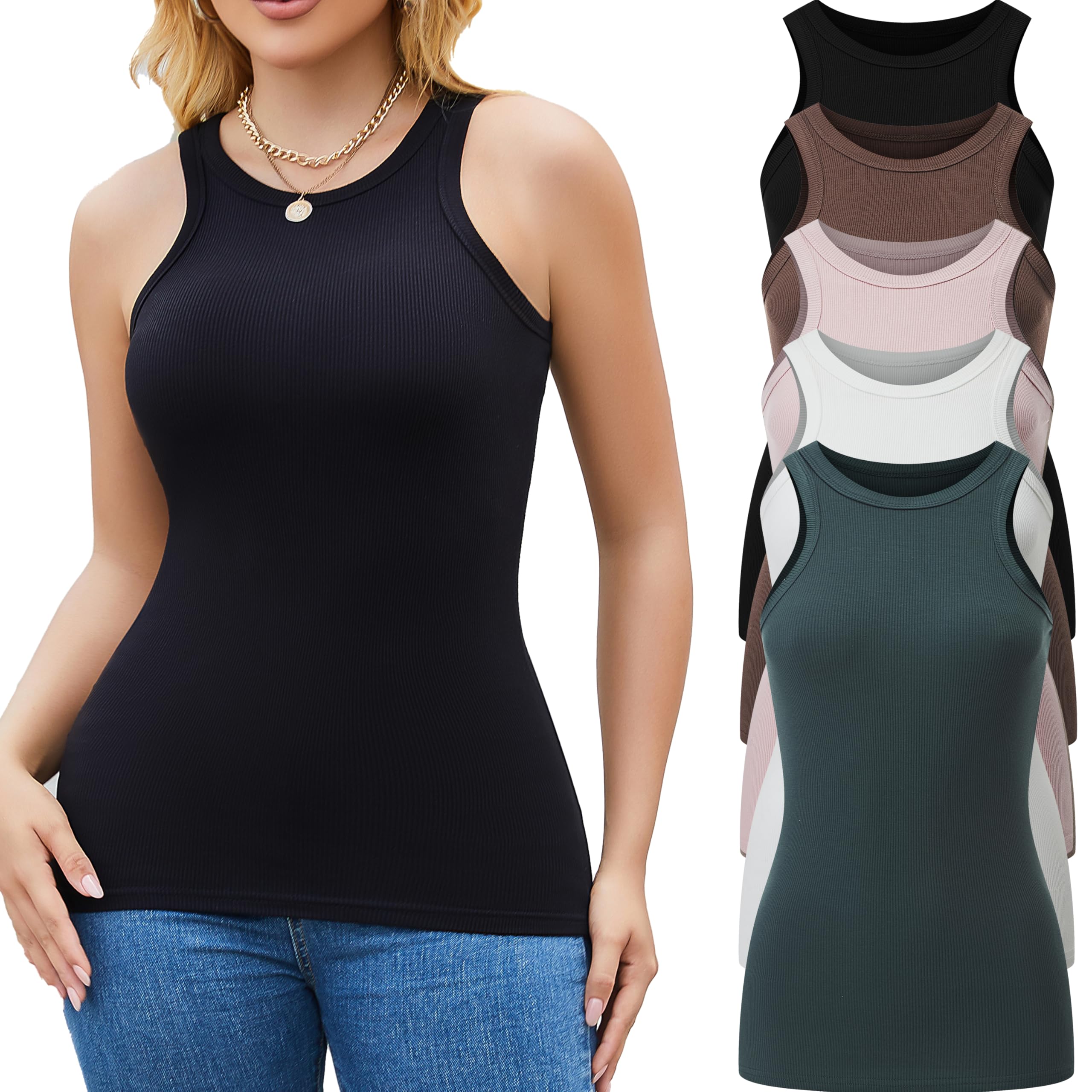 5 Pack Tank Tops for Women Crew Neck Sleeveless Casual Basic Racerback Undershirt Tank Top