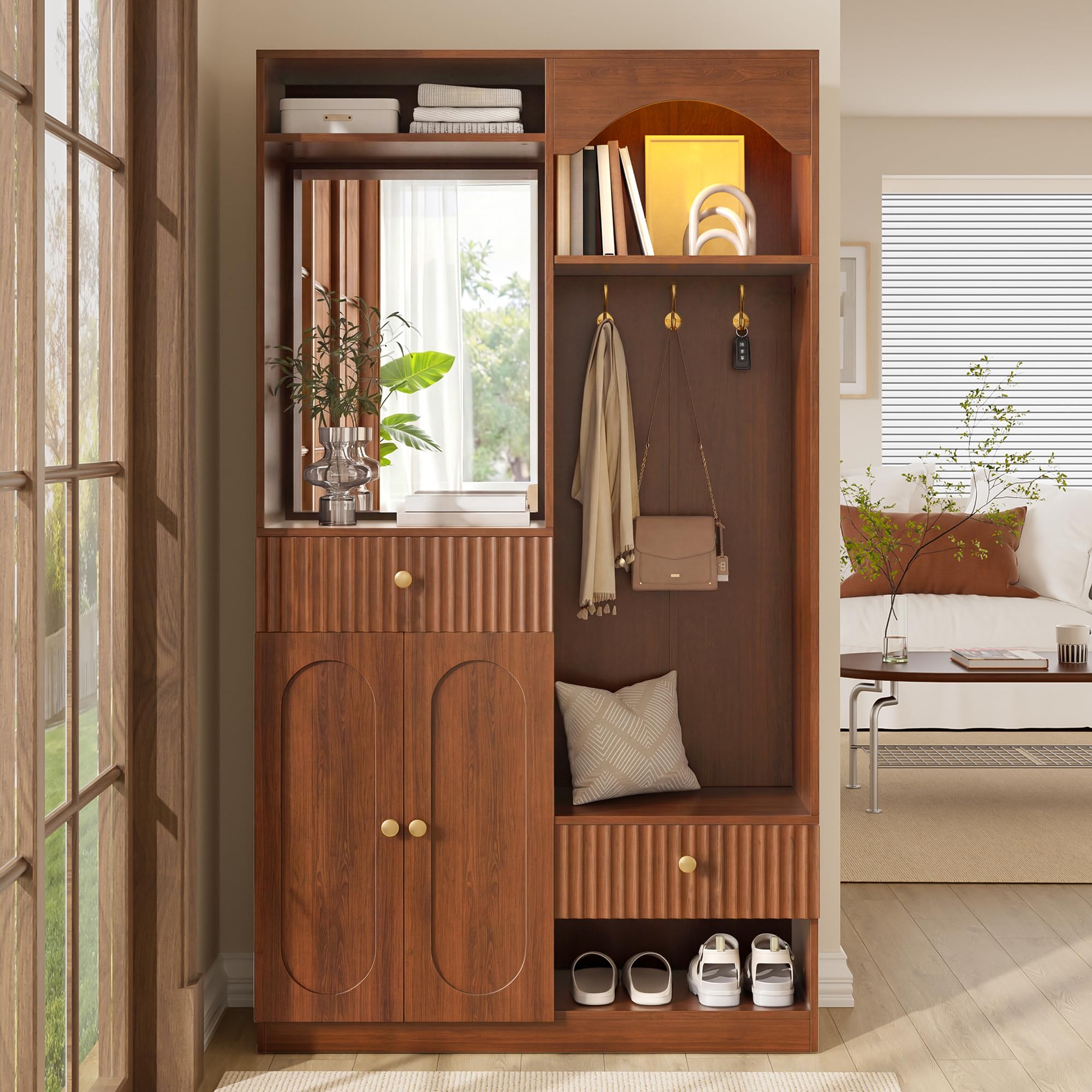 Garderobenset Wandgarderobe mit LED, Flurgarderobe Set mit Schuhschrank und Spiegel, Garderoben Set mit Türen und Kleiderhaken, Flurmöbel Set Kompaktgarderobe mit Regal, 100x35x180cm (Walnut)