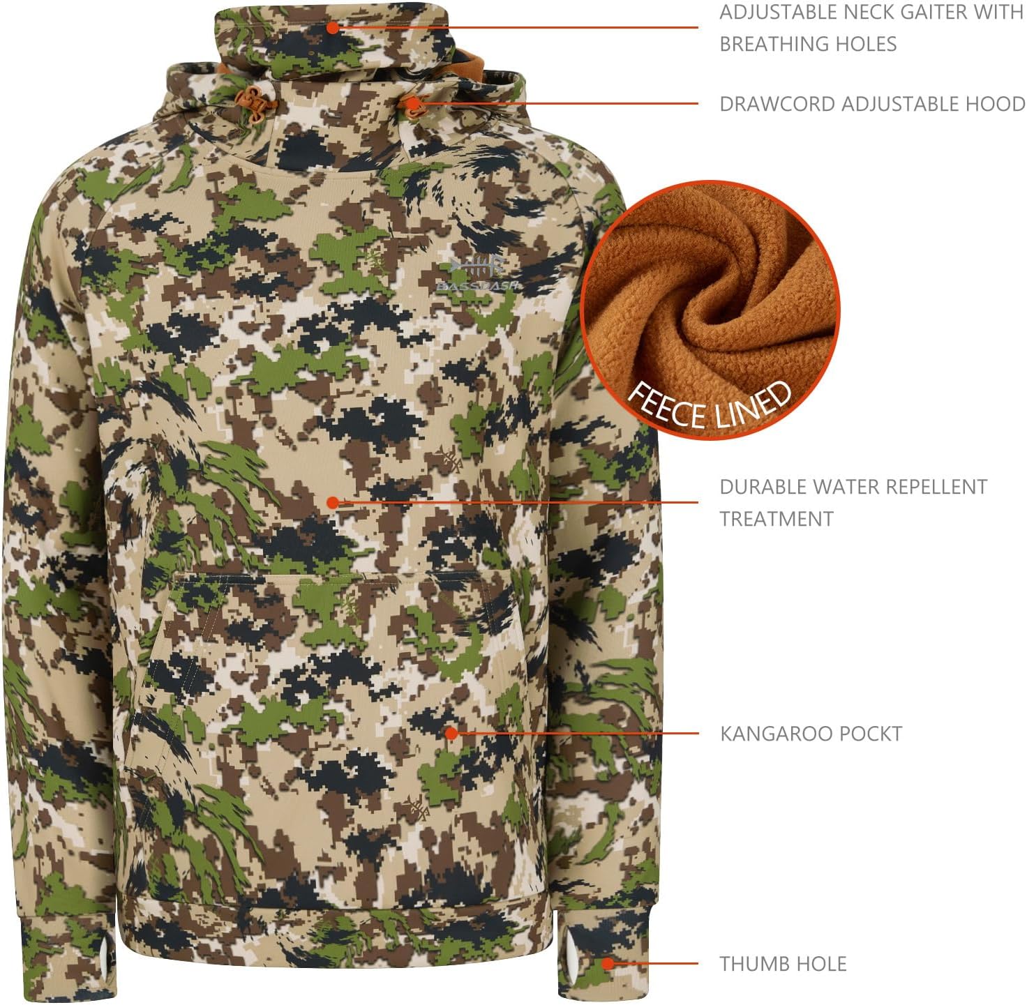 BASSDASH Men’s Fishing Fleece Hoodie with Neck Gaiter Water Resistant Performance Hunting Sweatshirt FS18M