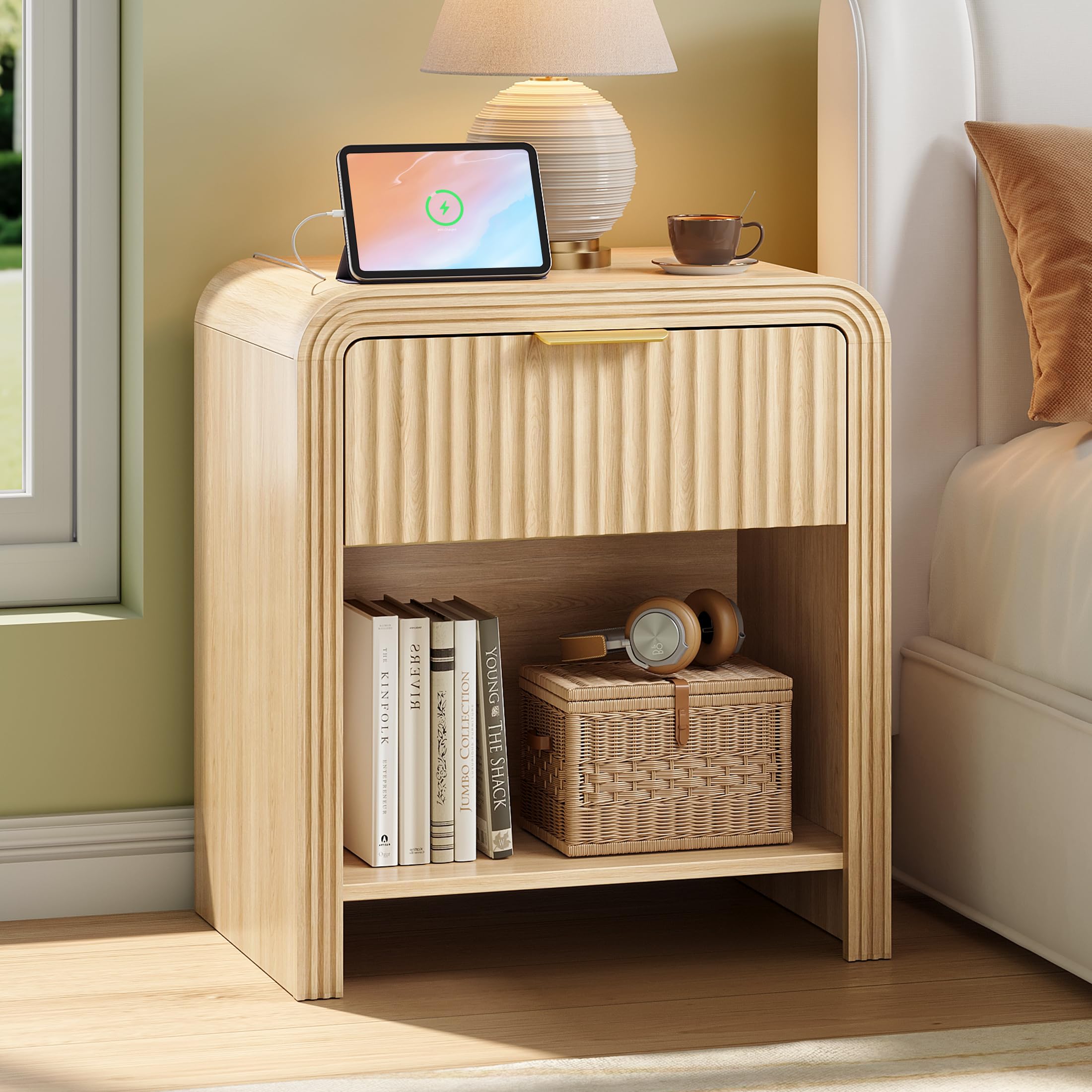 Photo 1 of ***SIMILAR ITEM***
Decofy Fluted Nightstand with Charging Station, Modern Bedroom Side Table with Gold Handles, Curved Profile Design, End Table Wood Organizer for Bedroom, Open Shelf & 1 Drawers (1 Pack, Natural Oak)