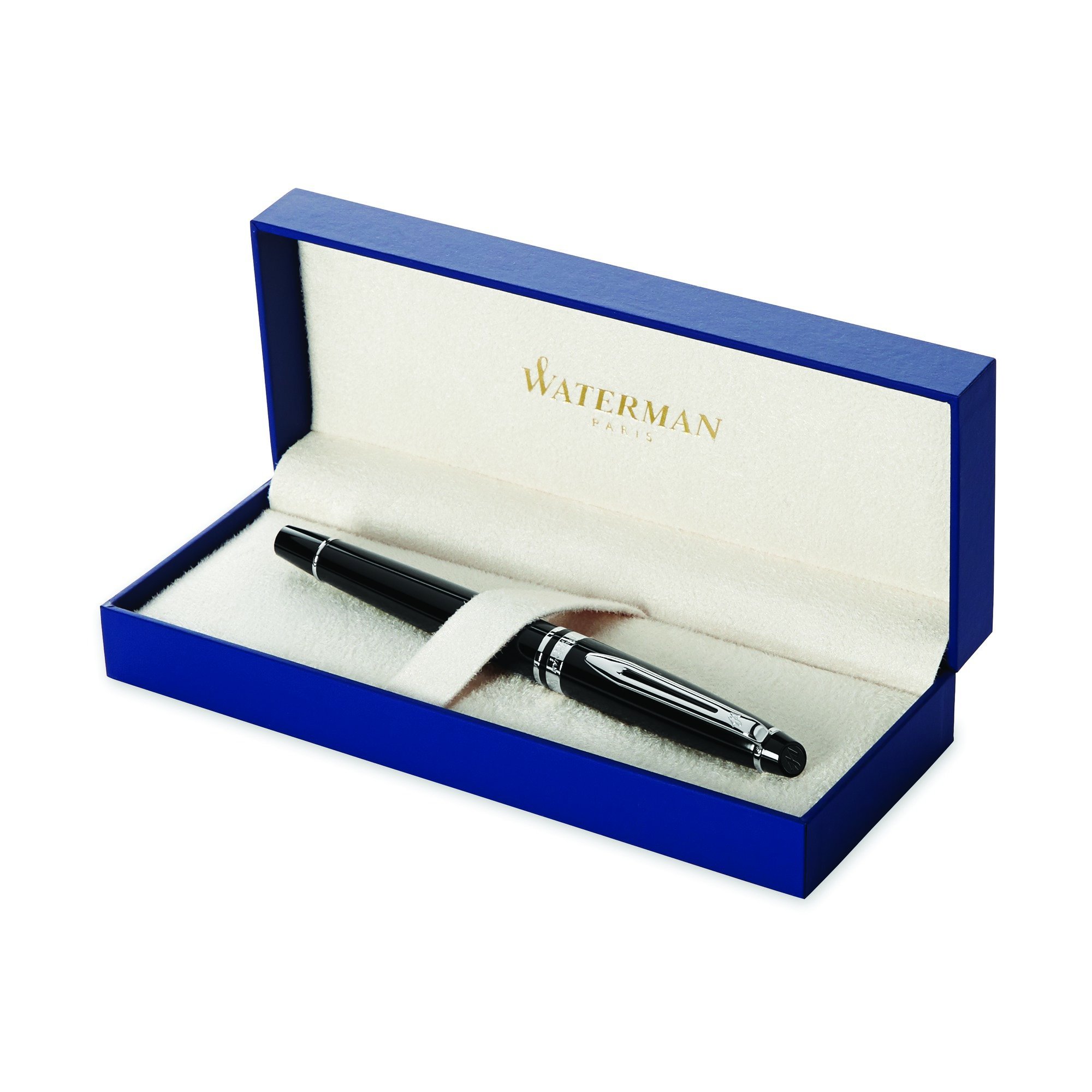 Waterman Expert Laque Noir Attributs Chromés Stylo Plume Pointe Moyenne - dans son Écrin + Waterman Encre pour Stylo Plume Noire Intense - Flacon de 50 ml Bundle