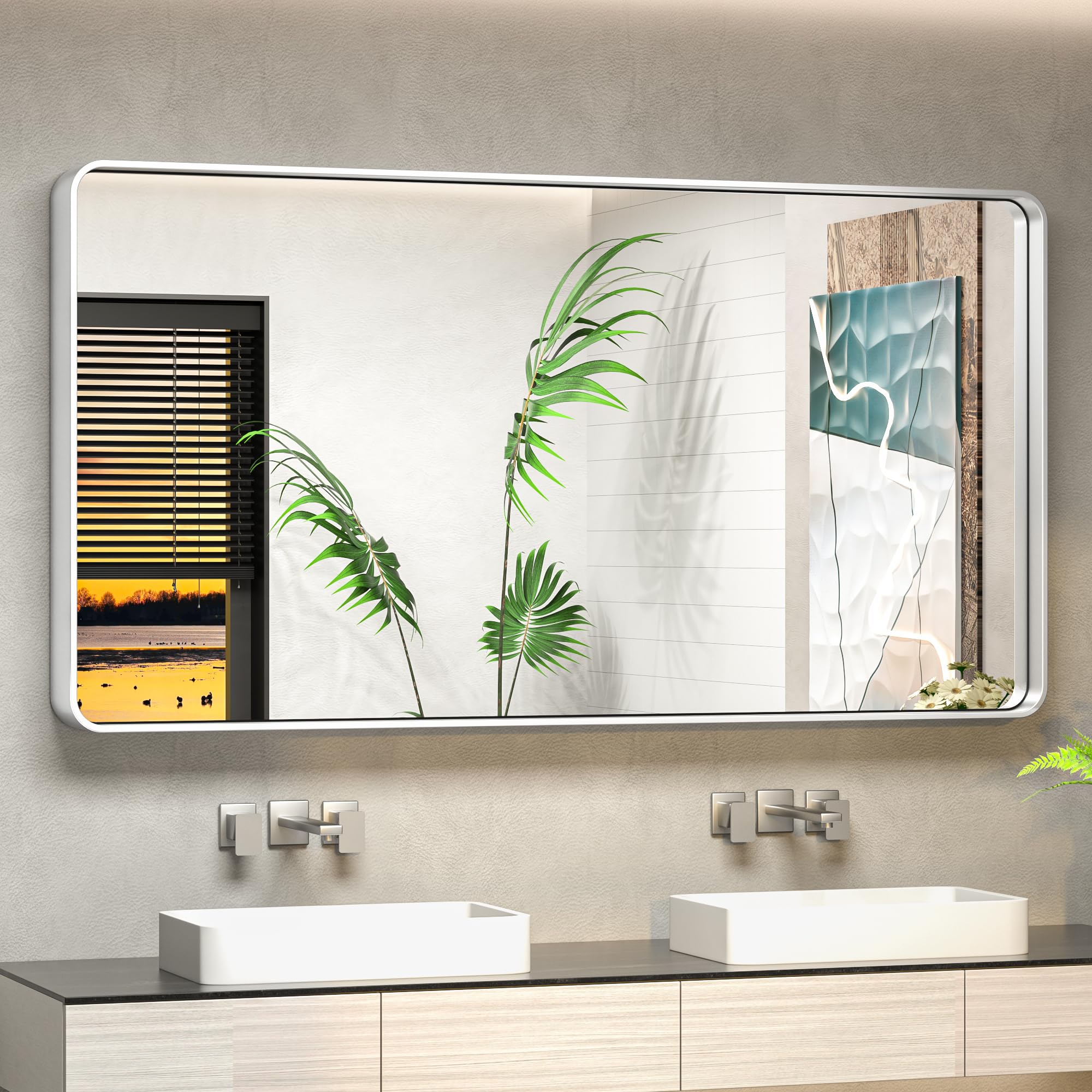 TokeShimi 48 x 24 Inch Wall Mirror Silver Bathroom Vanity Mirror with Metal Frame Aluminum Alloy Rounded Corner for Modern Farmhouse Wall Decor 1”Deep Set Design (Horizontal/Vertical)