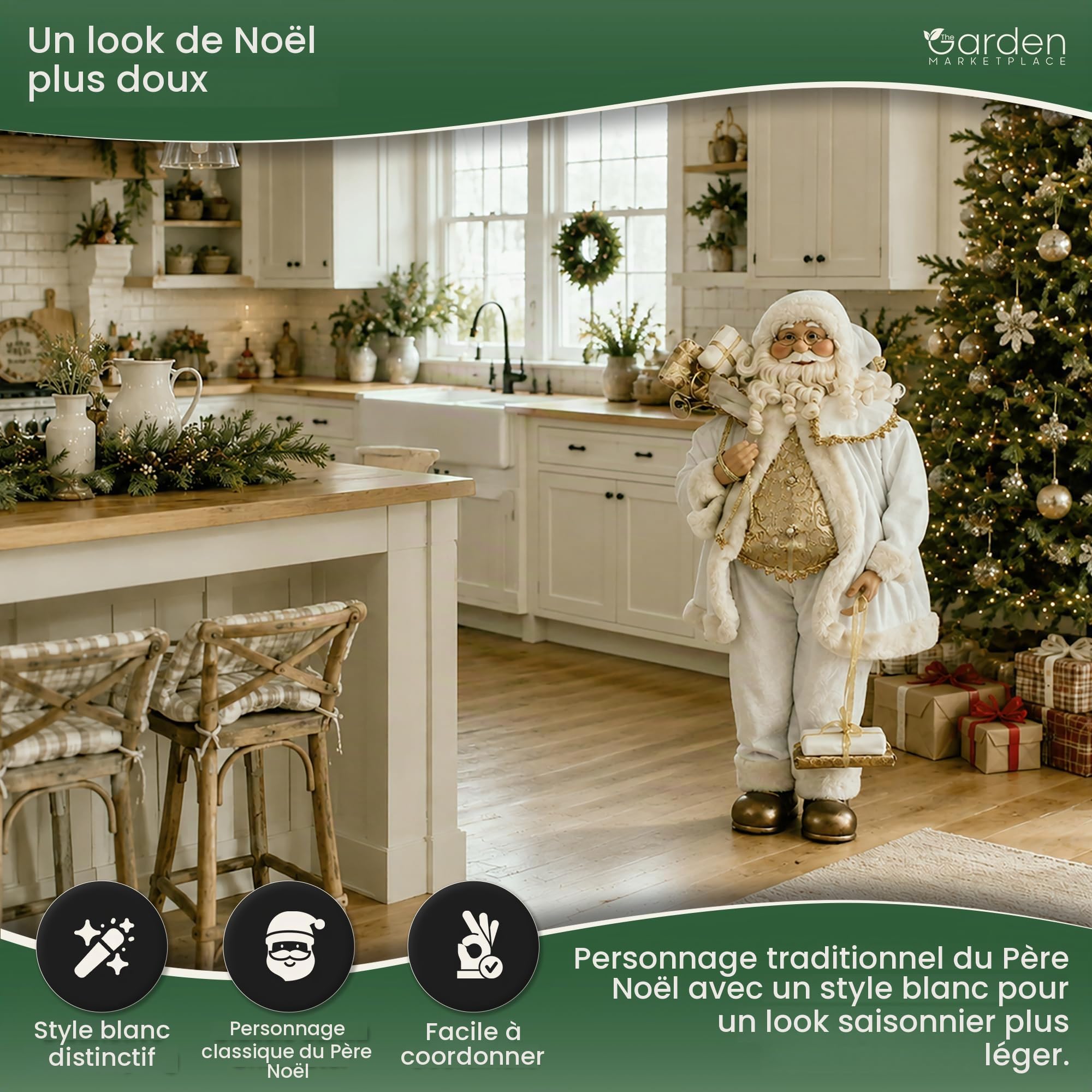 Garden Market Place Grande figurine de Père Noël avec sac de jouets – Style Père Noël blanc 90 cm
