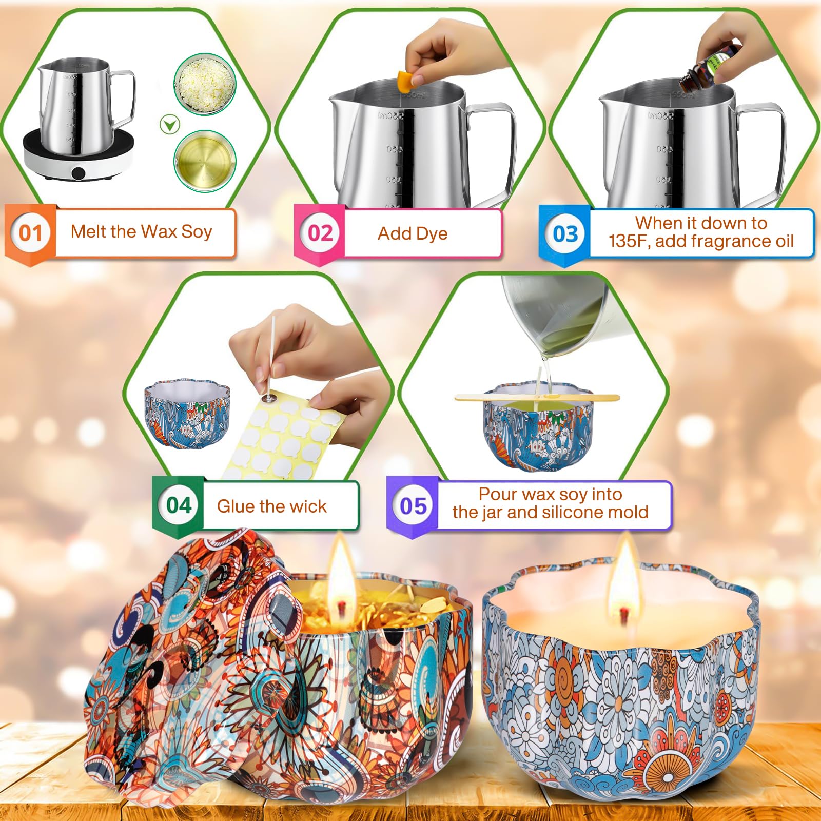 DIY Kerzenherstellung Set Von ZQEJEFD – Mit Sojawachs, Schmelztopf, 8 Gläsern, Farben & Deko