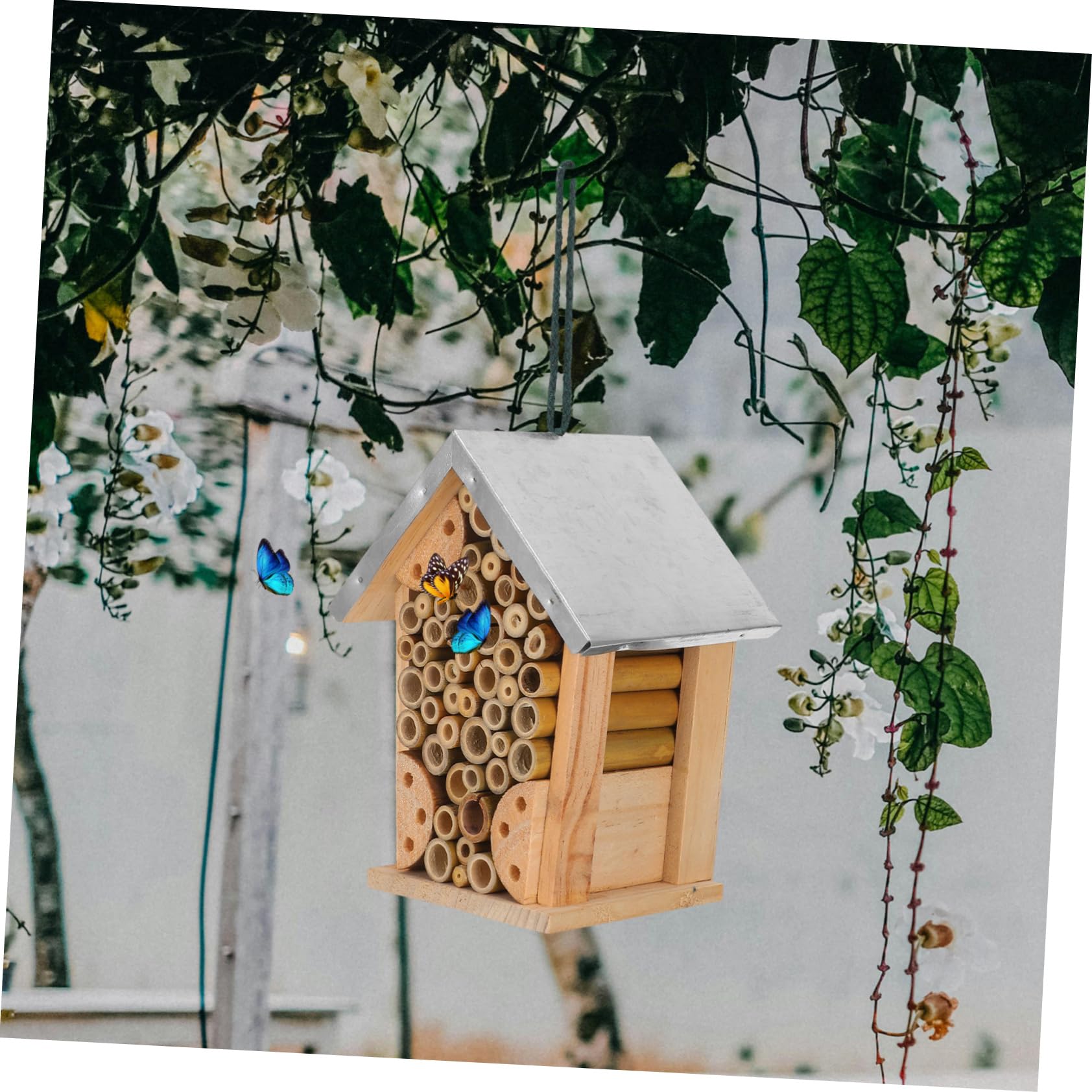 Hängendes Bienen und Schmetterlingshaus für Garten, Holz Eisen | Multifunktionales Insektenhotel, Dekorative Outdoor Dekoration, Wasserfeste Eisenkonstruktion, Geräumig und Komfortabel