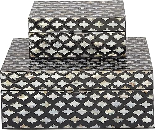 Deco 79 Caja decorativa con tapa con bisagras, juego de 2 cajas de almacenamiento de 12 pulgadas, 8 pulgadas de ancho, color negro