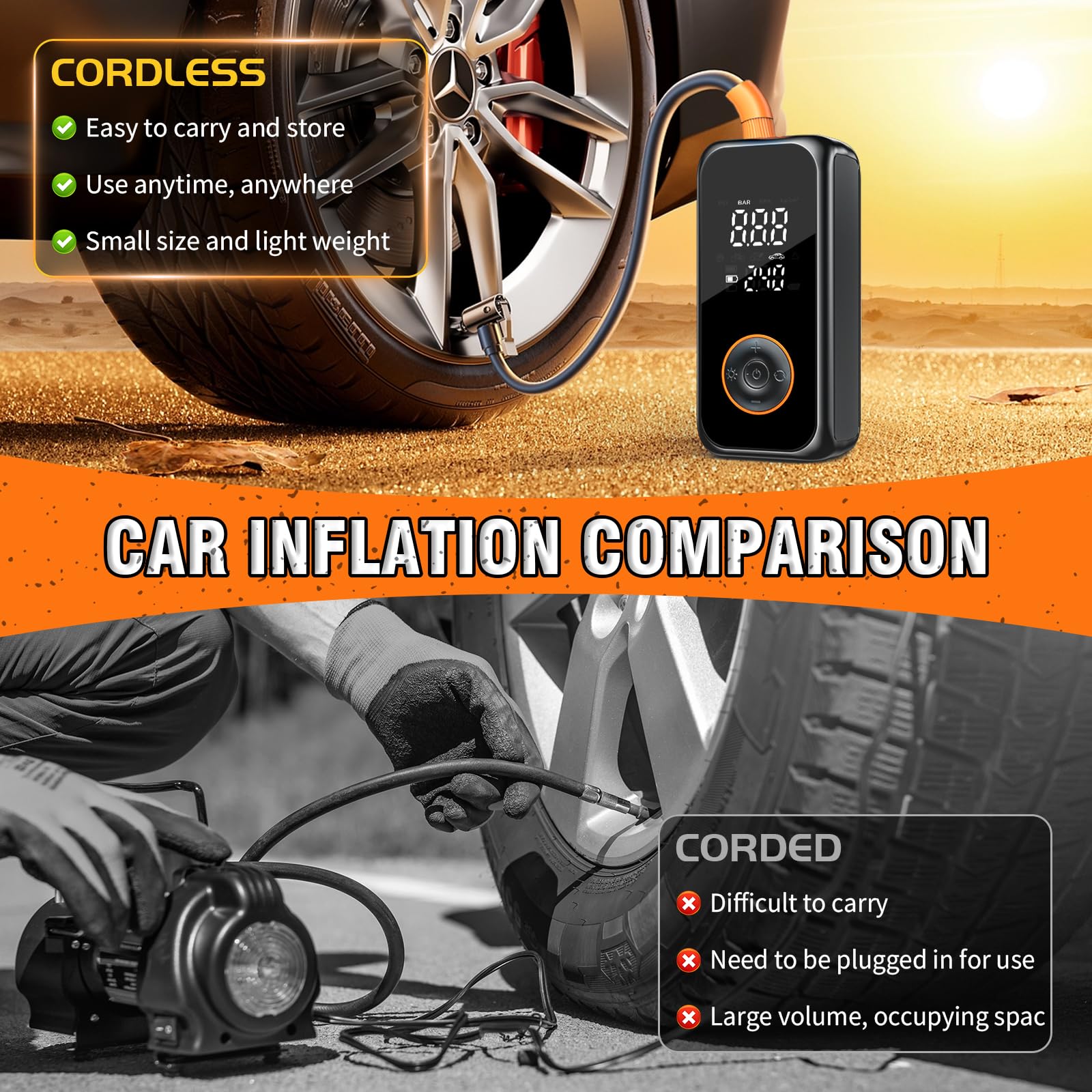 Onherm Compresseur à Air Portatif, 6000mAh Gonfleur Pneus Voiture sans Fil, Electrique Pompe mit écran LCD Numérique,150PSI, Type-C Charge avec Lampe LED pour Voiture, Moto, Vélo, Balle
