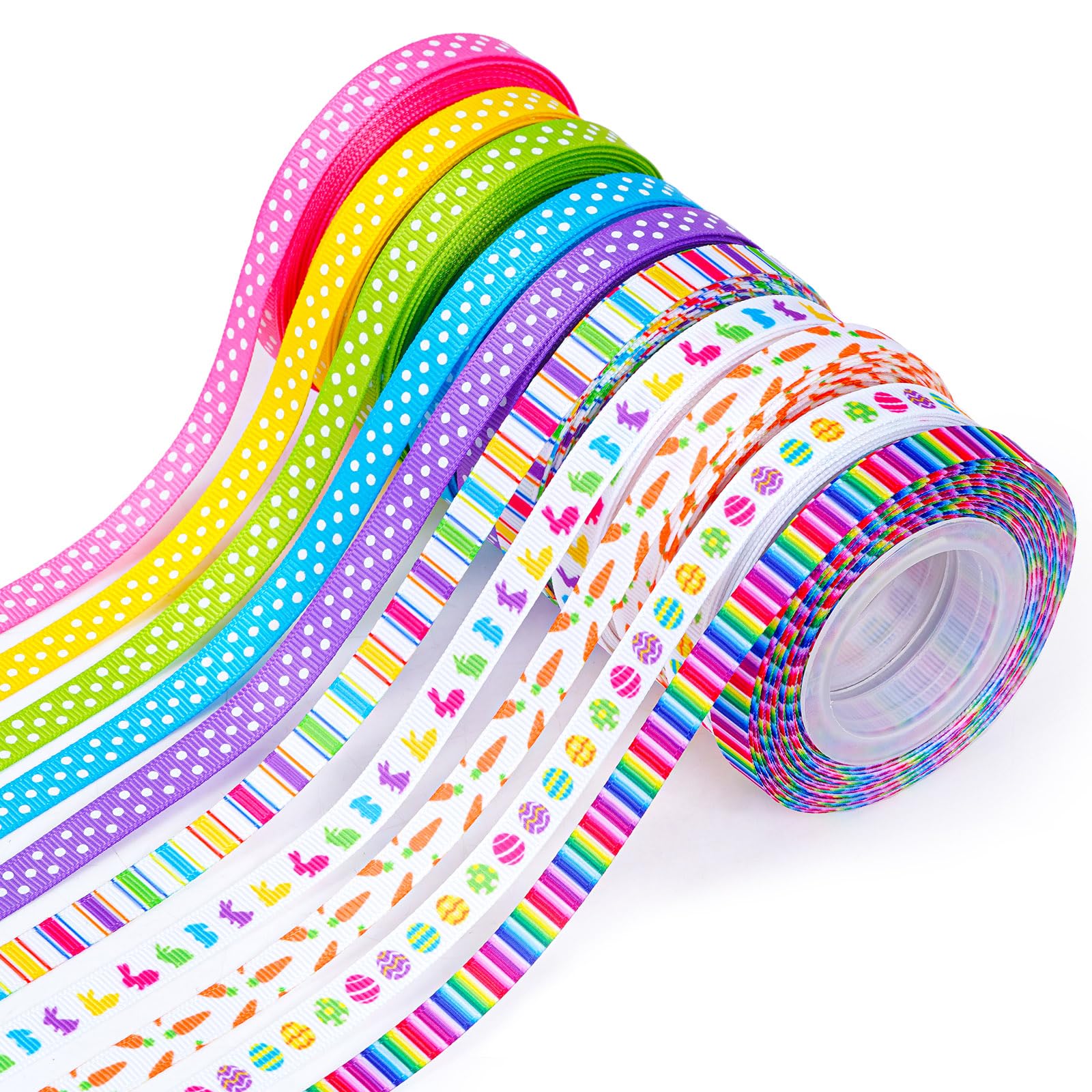 Nydotd 10 Rolls Easter Grosgrain Ribbon, 100 Yards 3/8 in Easter Spring Bunny Eggs Carrot Stripe Rainbow Polka Dot Rabbit Ribbon Spring Ribbon for Craft Sewing Gift Wrapping Easter Basket Decor