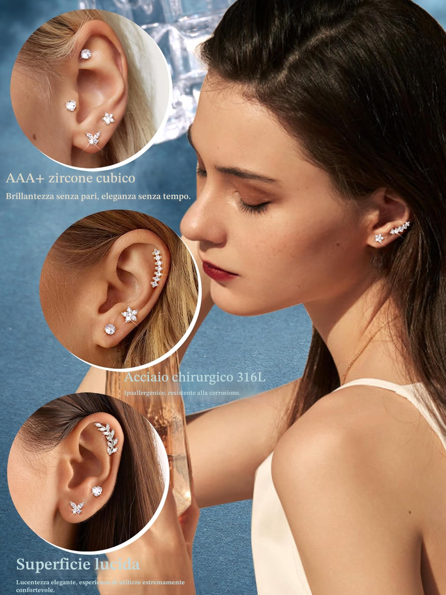 Diamday 9Pcs Piercing Orecchio Acciaio Chirurgico Orecchini Donna Anallergici Helix Trago Piercings Set Orecchini Cartilagine Argento Oro Piercing Helix Trago Conch Gioielli
