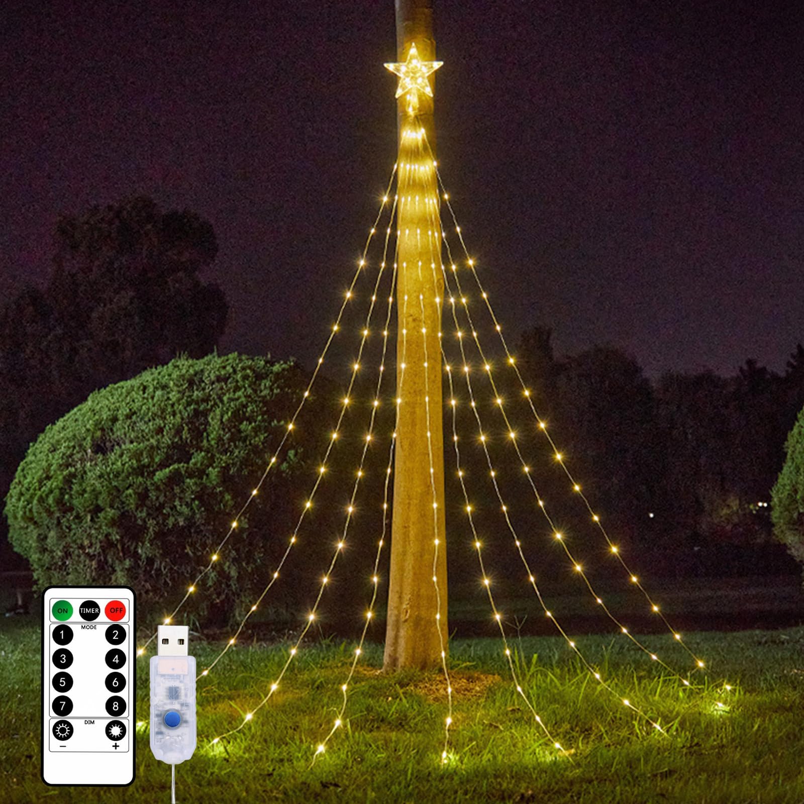 Luces Arbol Navidad con Estrella, 3 m Impermeable Cascada Luces de la Cadena, 36 × 9 LED Luces de Navidad Decorativas con Control Remoto, 8 Modos USB Hilos Arbol de Navidad Luces Prueba de Agua