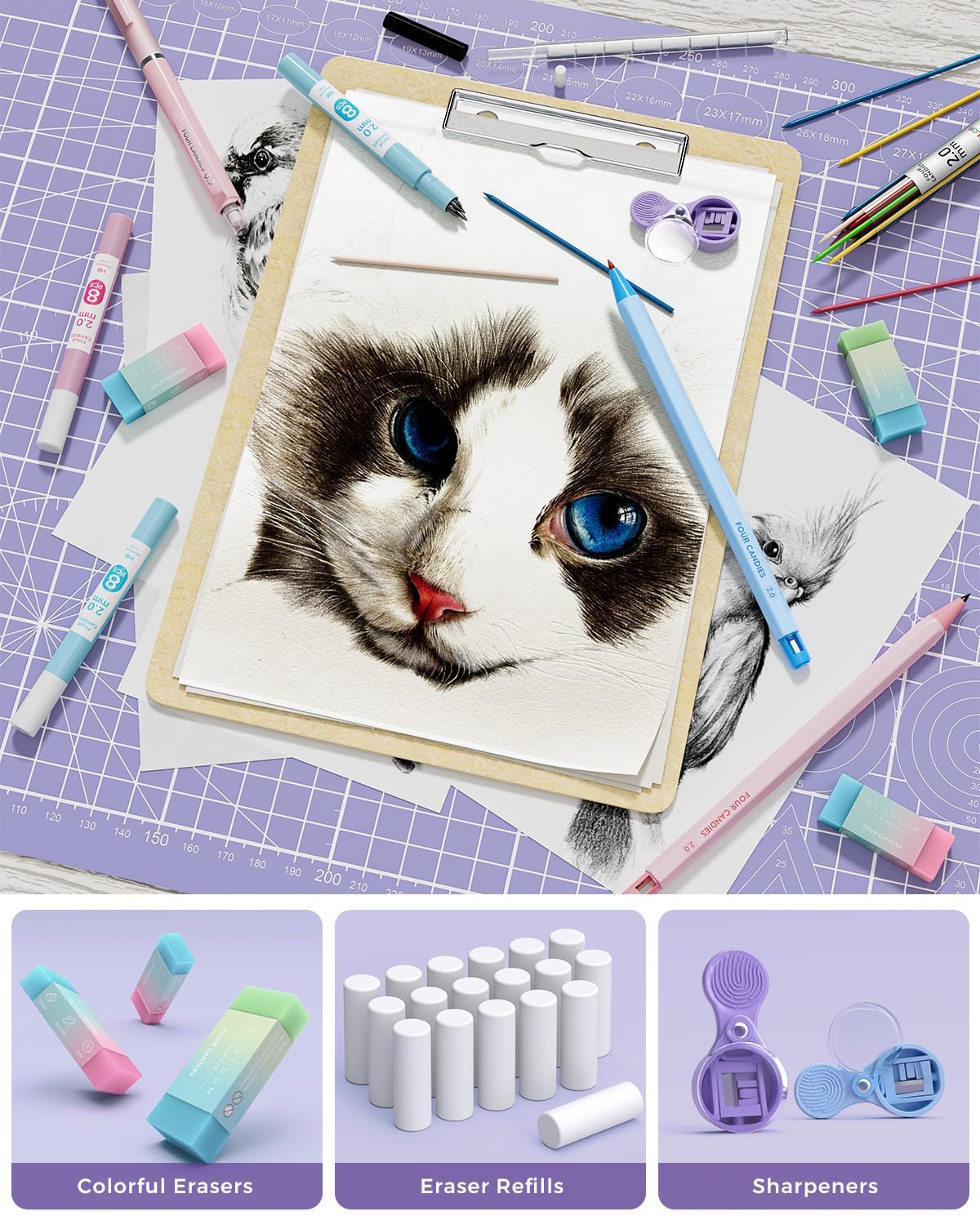 Four Candies 36PCS Aesthetic School Supplies, Mechanical Pencils 0.5mm, 0.7mm, 0.9mm & 2.0mm with 624PCS Lead Refills, Cute Mechanical Pencils for Writing, Drawing & Drafting ()