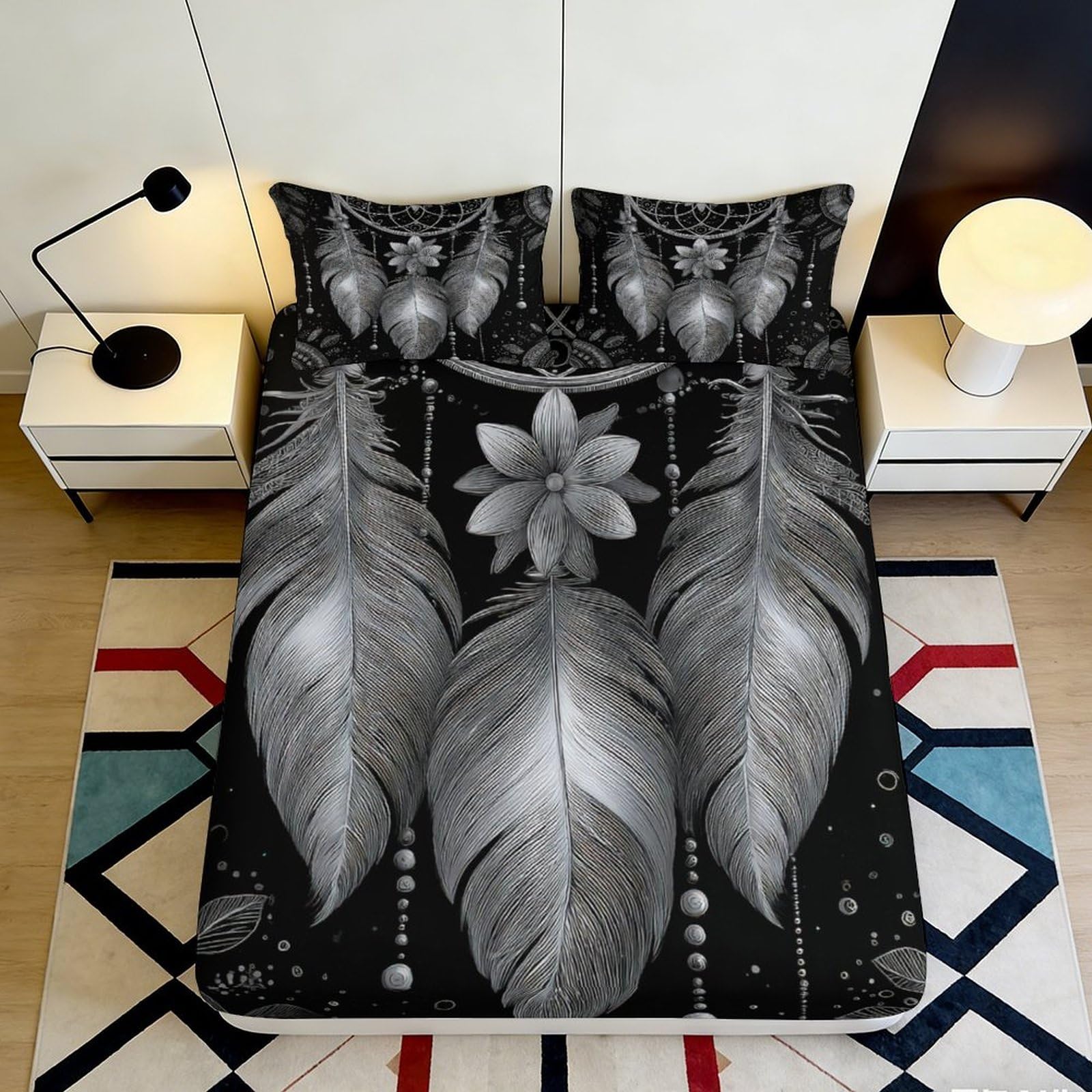 3D Printed Dreamcatcher Feather Fitted Sheet Microfiber Black Artistic Mattress Cover Bedroom Decor Protection 90x200x25cm