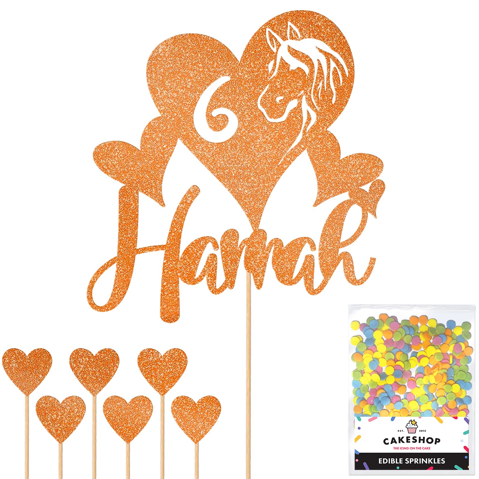 Personalised Horse Pony Love Heart Glitter Cake Topper - Orange Custom Age & Name Glitter Cake Decoration and Sprinkles - Happy Birthday Decorations - Personalised Toppers for Cakes by Cakeshop
