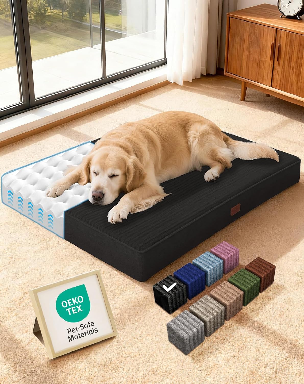 OhGeni Orthopedic Waterproof Dog Bed for Large Pets, 41 Inches, Machine Washable, Non-Slip Bottom, Removable Cover, Black