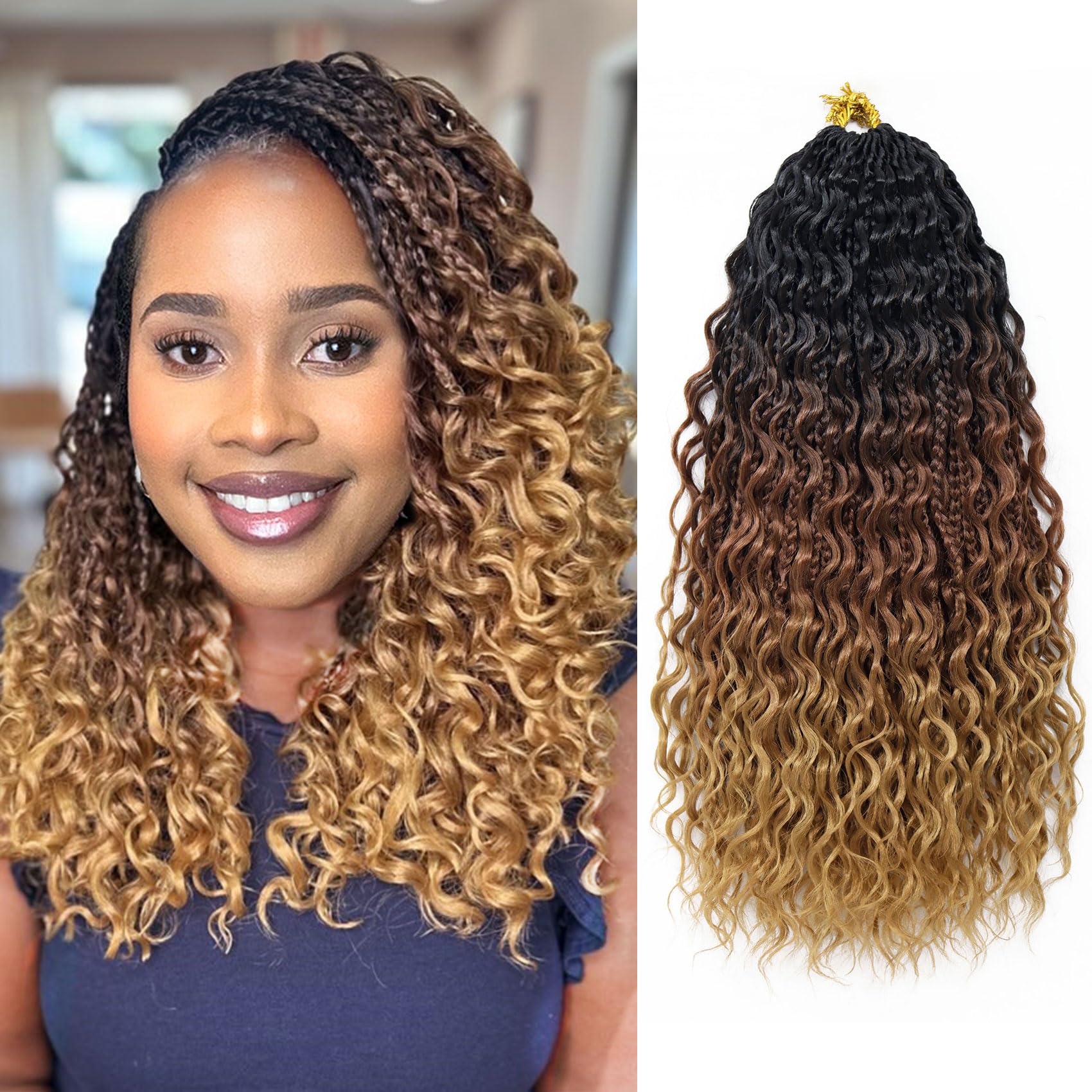 7 Packs Goddess Box Braids Crochet Hair 12 Inch 3 Tone Omber Brown and Blonde Boho Crochet Braids with Curly Ends Synthetic Bohemian Braiding Hair