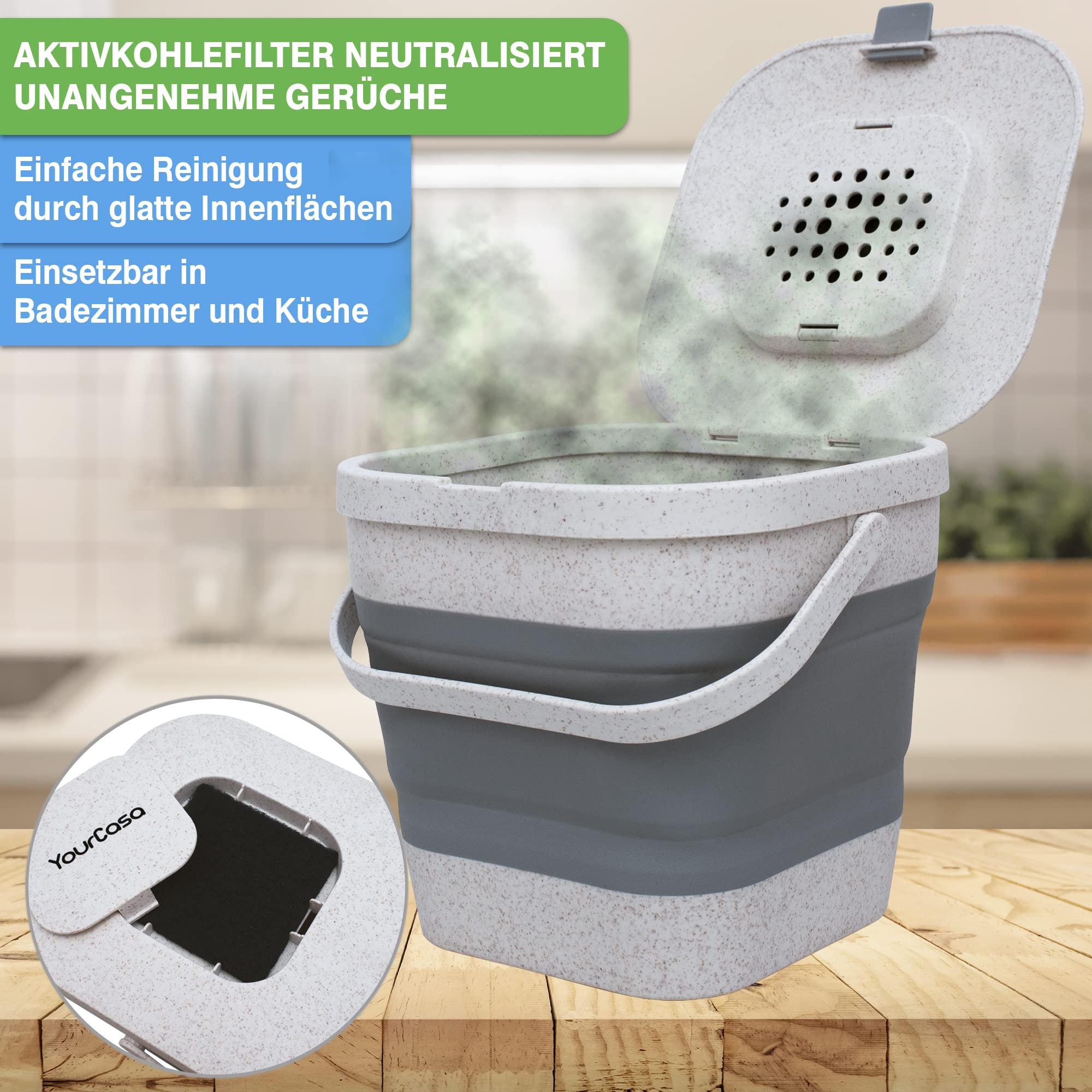 Yourcasa Contenitore per compost, 4 L - Polipropilene fibra di erba di grano, Grigio - Pieghevole, Inodore, Lavabile Contenitore per rifiuti organici sostenibile con coperchio