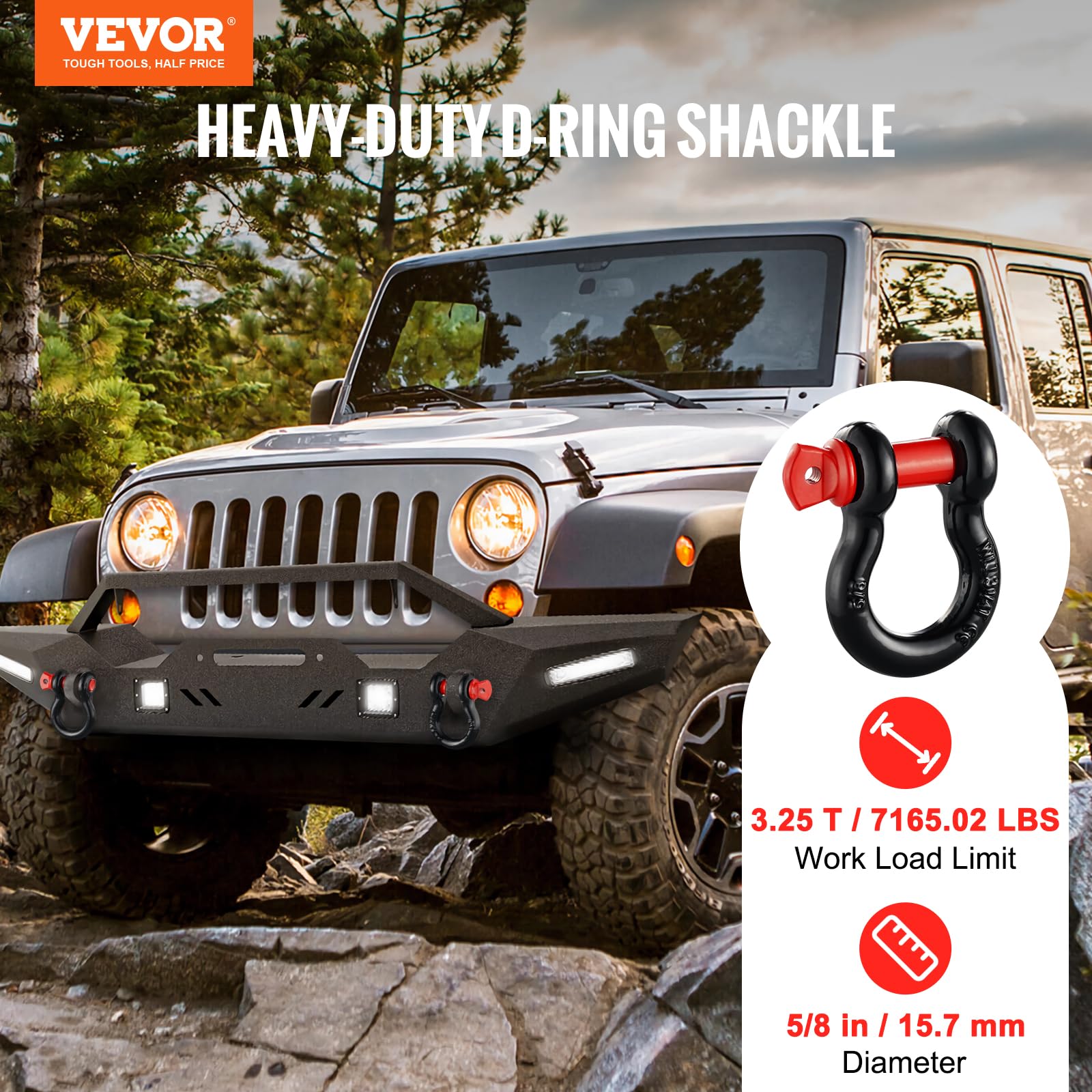 VEVOR D Ring Grillete 3.25T Juego de 4 Grillete de aleación de Acero 13T de Resistencia a la Rotura con Pasador de Tornillo de 19 mm, grillete de Remolque para vehículos Todo Terreno, Accesorios de
