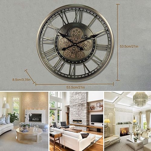 Miniatura 7 de VUCICA Reloj de pared de engranaje móvil de 21 pulgadas para decoración moderna de sala de estar, reloj de pared industrial grande con engranajes
