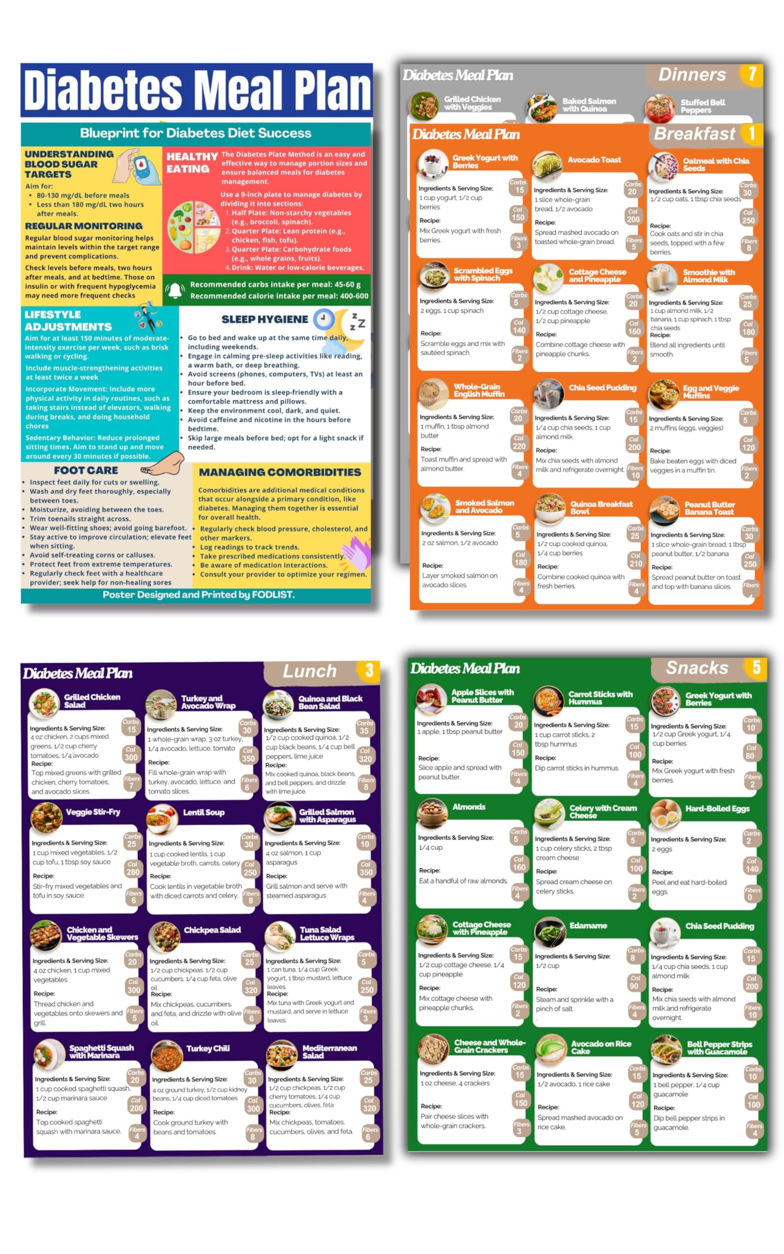 Fodlist. 5pcs Diabetes Meal Plan. Diabetic Meal Planner Laminated for Blood Sugar Management with healthy recipes, diabetes meal guide, vitamins chart, and blood sugar level indications. Type 2