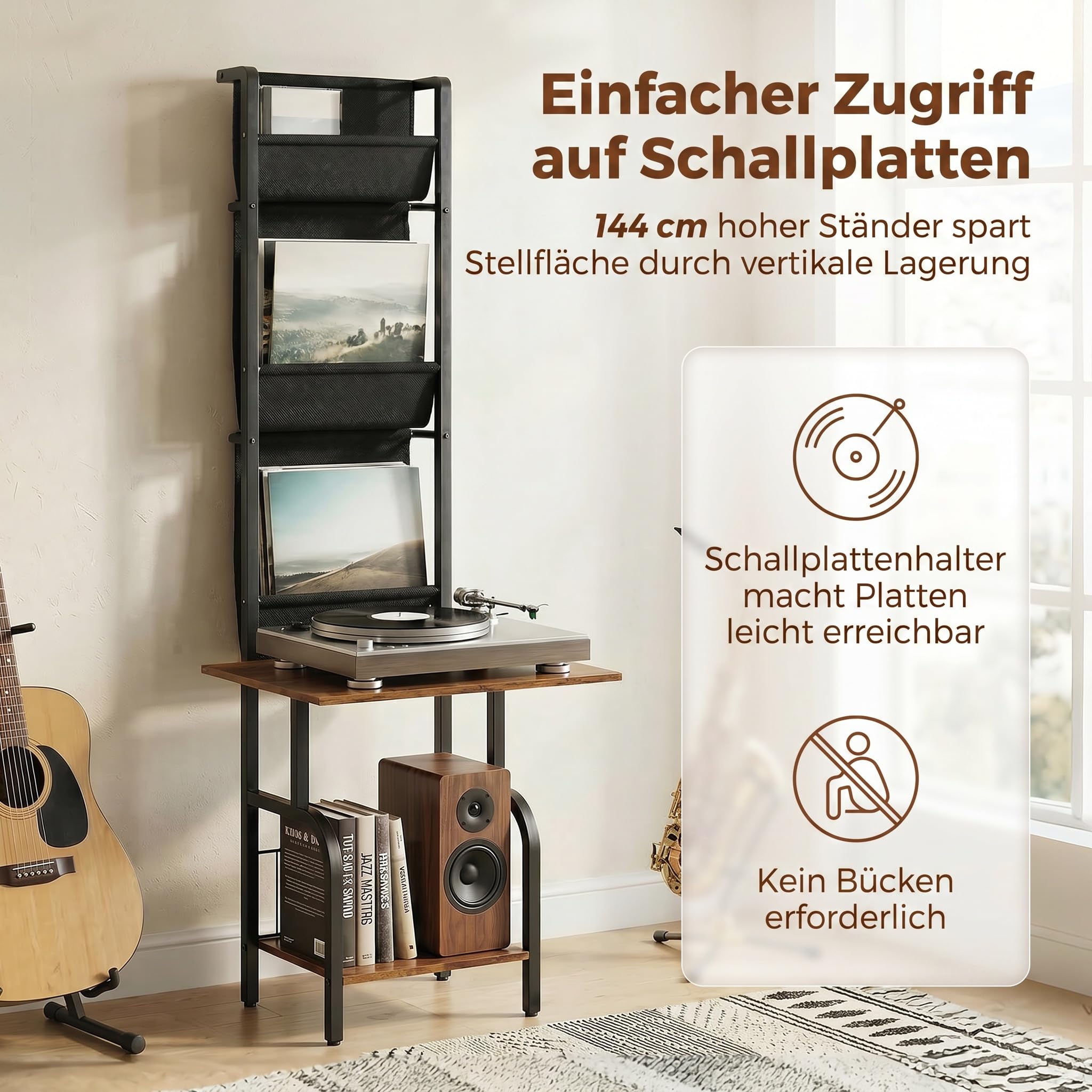 HOMCOM Plattenspieler Schallplatten Aufbewahrung mit 3 Stofftaschen Schallplattenspieler-Tisch mit offenem Fach Blurays Aufbewahrung für bis zu 40 Alben 50 x 48,5 x 144 cm Rustikal-Braun