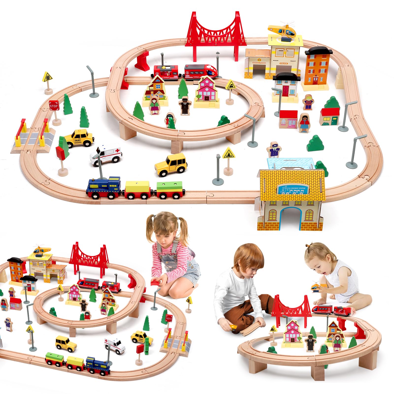 Wooden Train Set 72 PCS Train Track Set Toddler Model Railway Kit Wooden Railway Toy Sets Kids Toys Birthday Toys for 3 4 5 Year Old Boys Girls Gifts