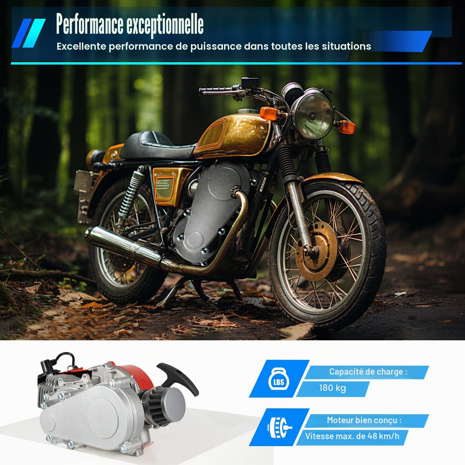 DIFU Pocket Dirt Bike Moteur 2 temps Mise à niveau Mini moteur Go Kart Essence Beach Bike ATV Engine 3 CV pour 49 cm³ 50 cm3