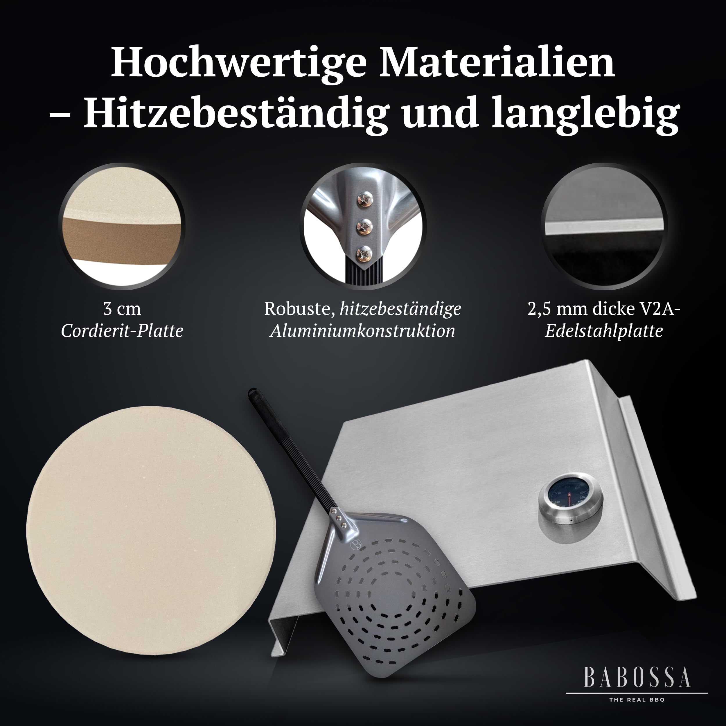 BABOSSA Pizzaset für den Grill – Komplettlösung mit Pizzastein, Pizzaschieber & Haube – alles für Pizza vom Grill wie beim Italiener – passt auf Gasgrill, Holzkohlegrill & viele Modelle