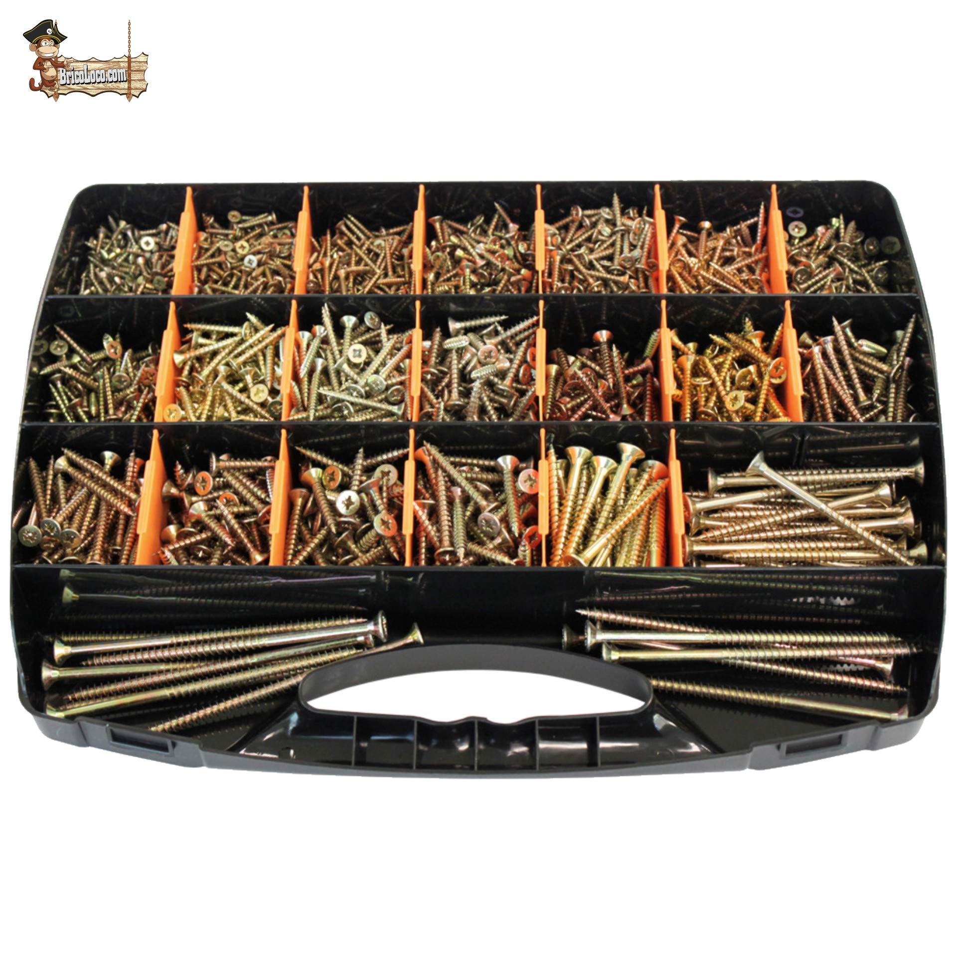 BricoLoco Maletín surtido + de 1.000 tornillos para madera aglomerado, tacos… Bicromatado con huella PZ pozidrive. DIN 7505-A.