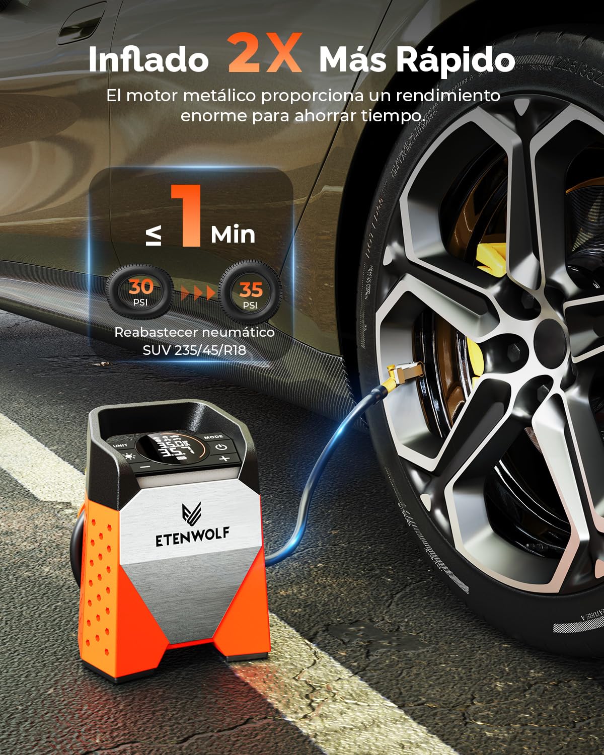 ETENWOLF Zephyr S3-7800mAh Compresor Aire Portatil, 160 PSI/11.03Bar Inflador Ruedas Coche, Motos, Bicicletas, Balones, Llenado Rápido de 1 Minuto y Luces LED Digitales, Banco de Energía USB