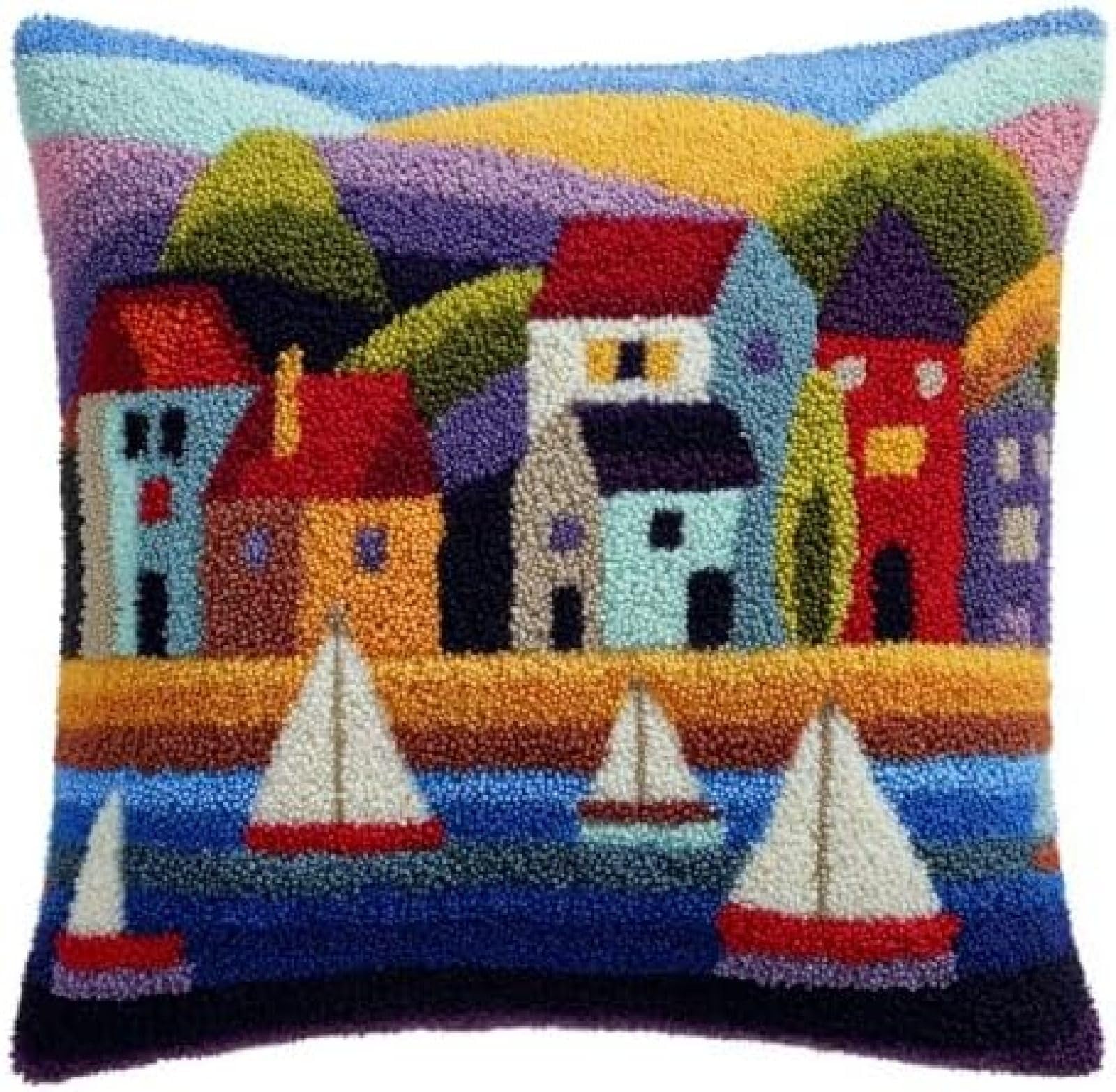 kitphoenix Latch Hook Kit for Adults Beginners,Colorful Boston Harbor,DIY Cushion Cover Punch Needle Kit,Pre-Printed Canvas Embroidery Kit with Yarns & Hooks,43x43cm Craft Gift for Women