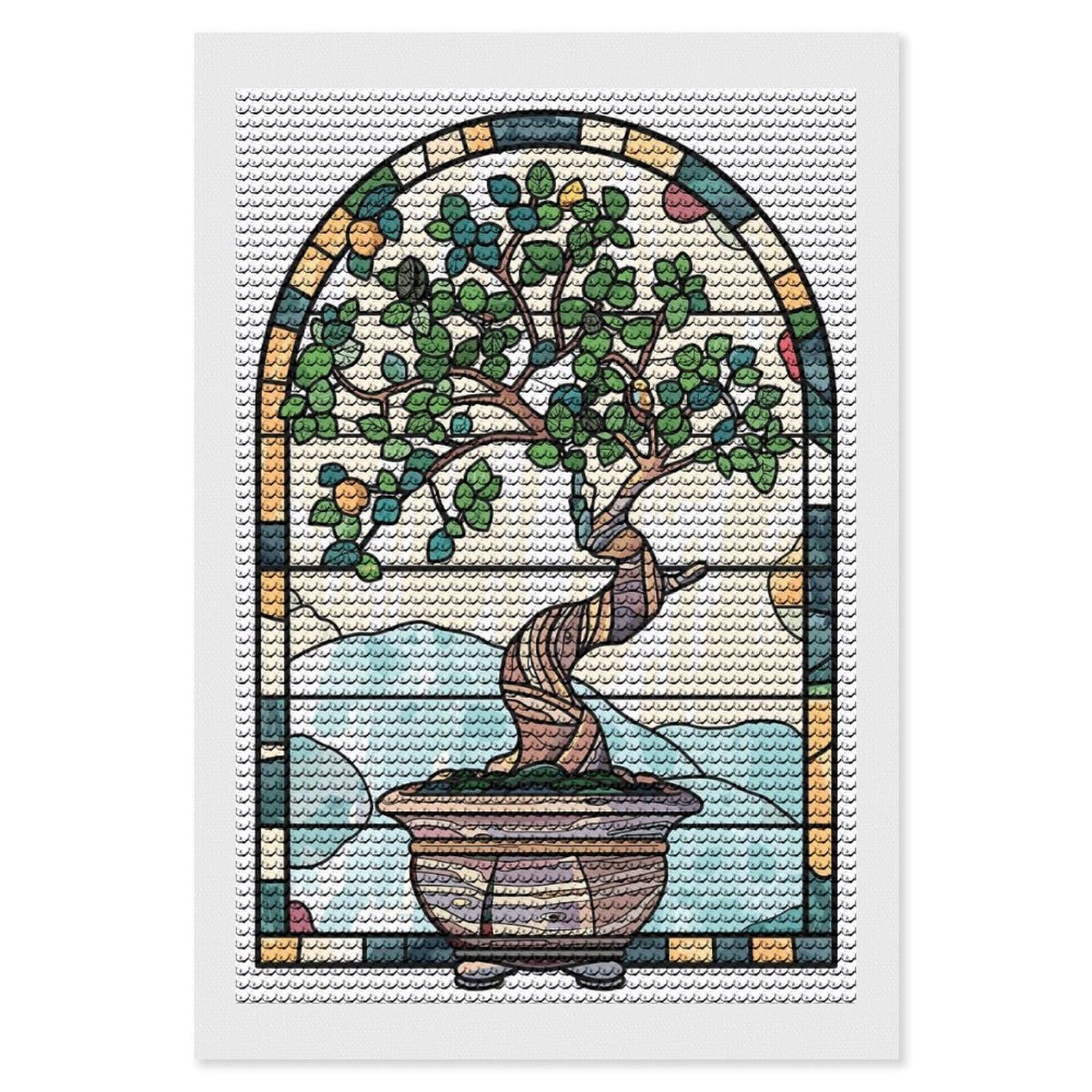 Junmoney Stained Glass Bonsai Tree Diamond Art Canvas 8"x12", for Creative Relaxation, Simple to Start, Aesthetic Room Decor, Holiday Gift Idea